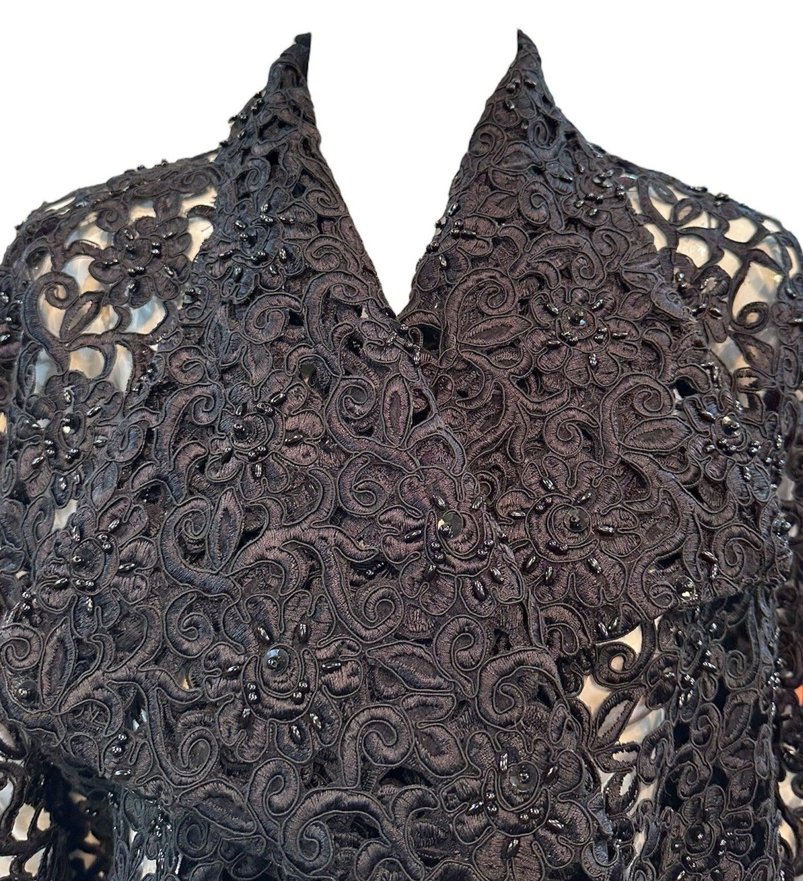 Gorgeous Black Cutwork Lace Evening Jacket Dotted with Beading In Excellent Condition For Sale In Los Angeles, CA
