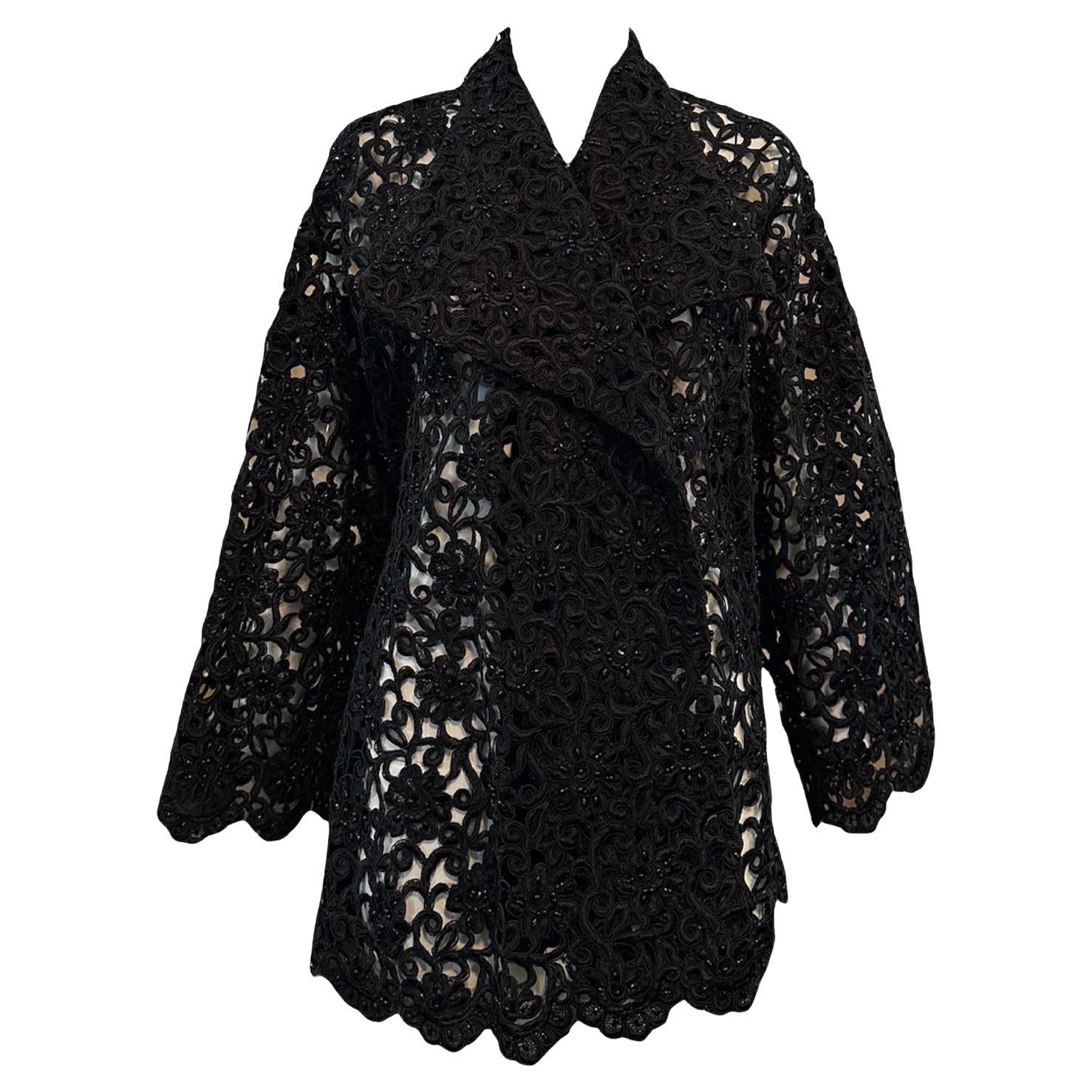 Gorgeous Black Cutwork Lace Evening Jacket Dotted with Beading For Sale