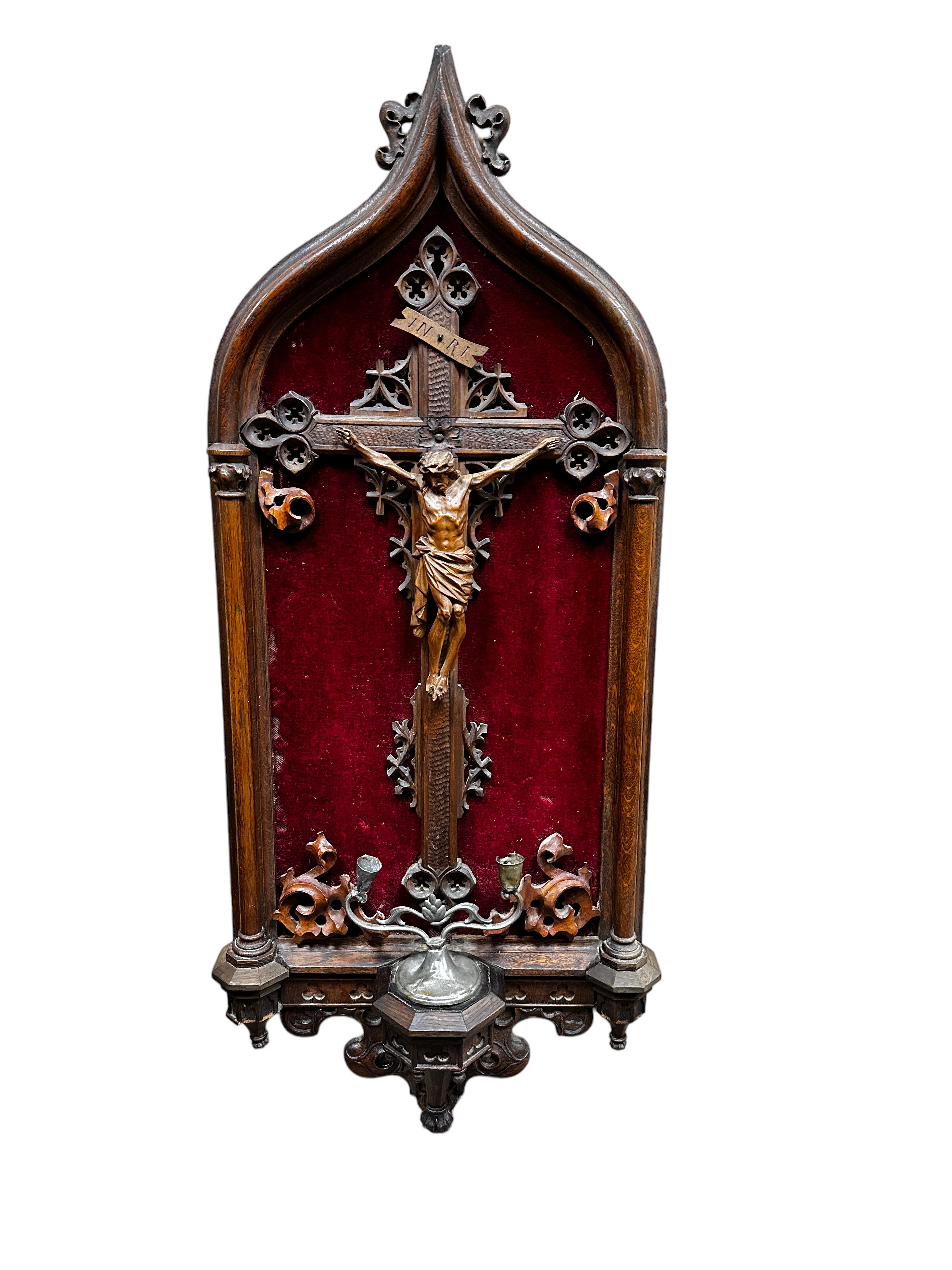 Folk Art Gorgeous Black Forest Antique Carved Wood Shrine Christ on Crucifix, Candlestick