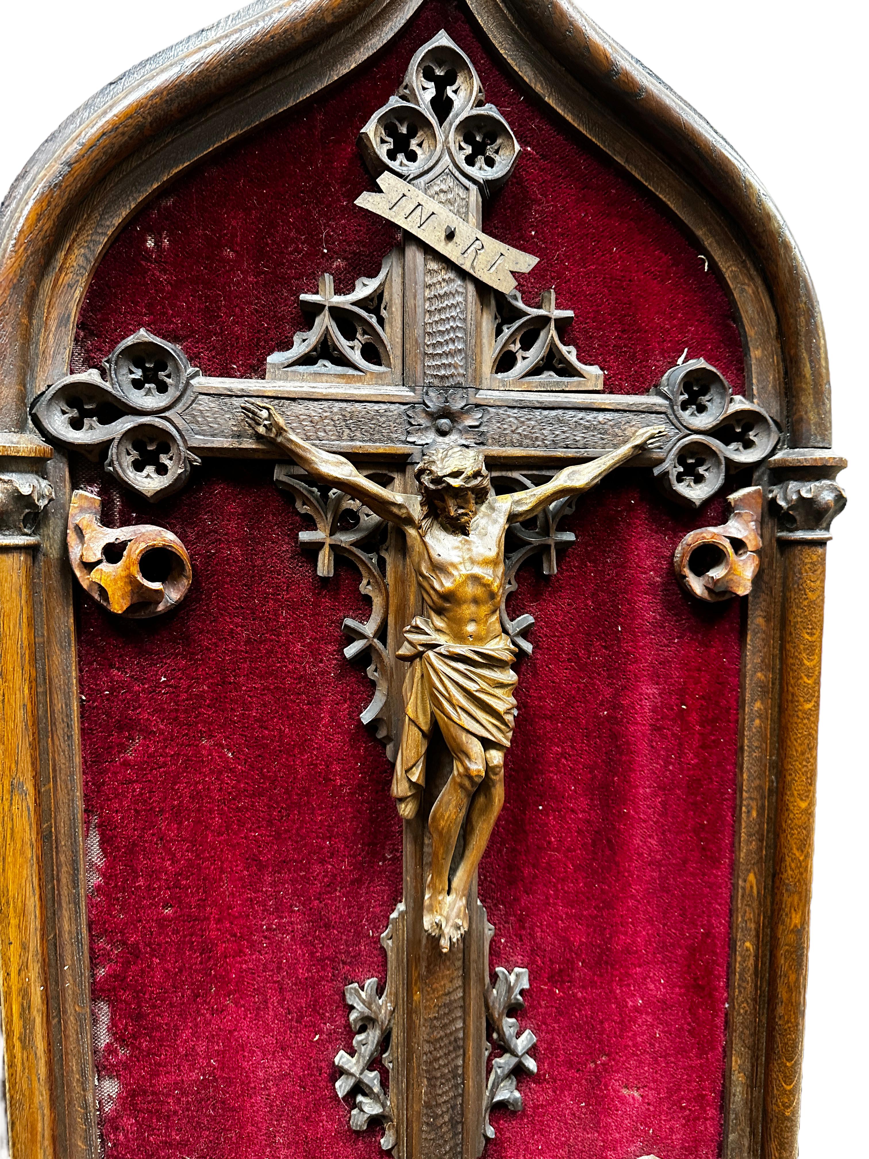 Velvet Gorgeous Black Forest Antique Carved Wood Shrine Christ on Crucifix, Candlestick
