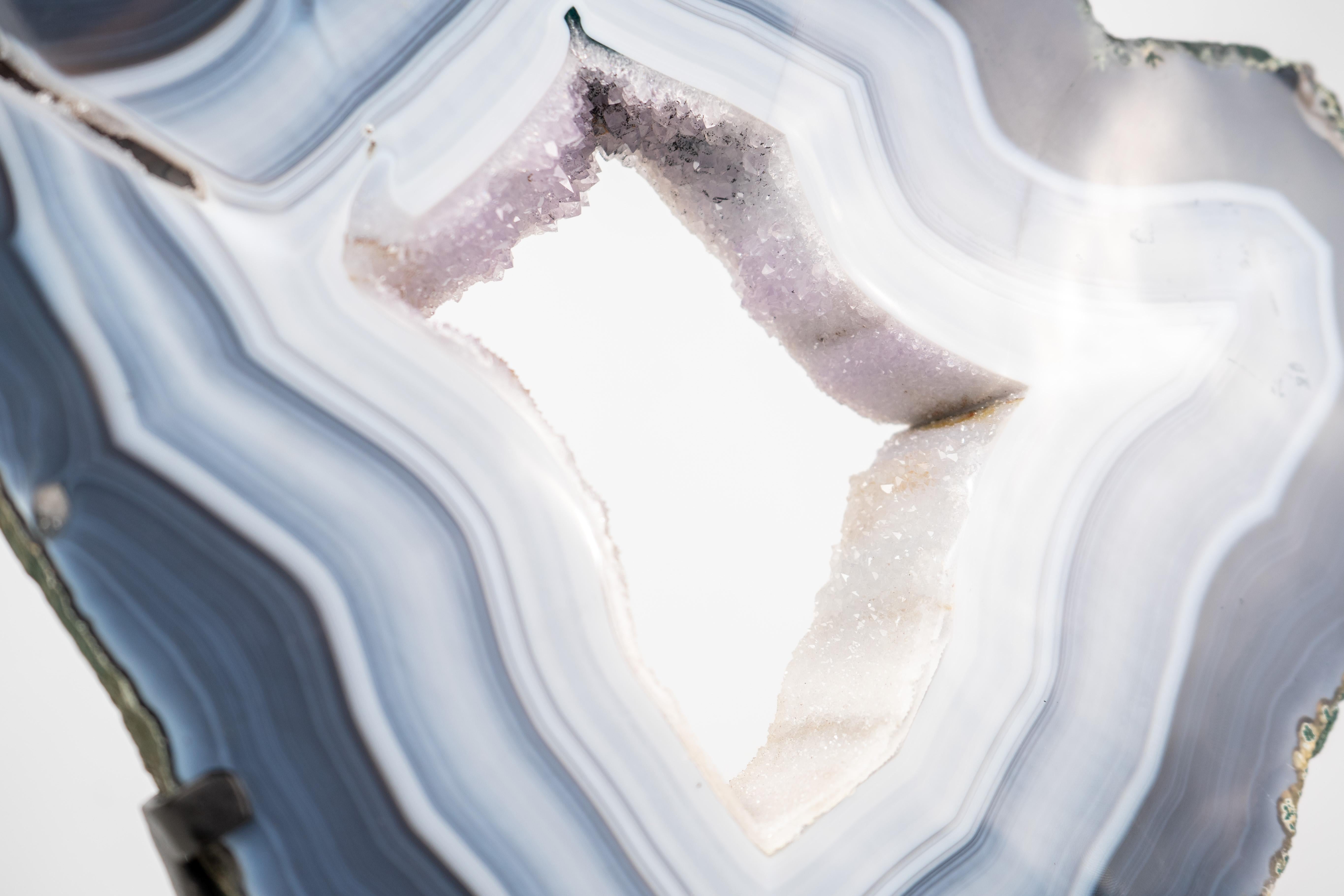 Gorgeous Blue and White Lace Agate Geode with Sparkly White Druzy Galaxy For Sale 4