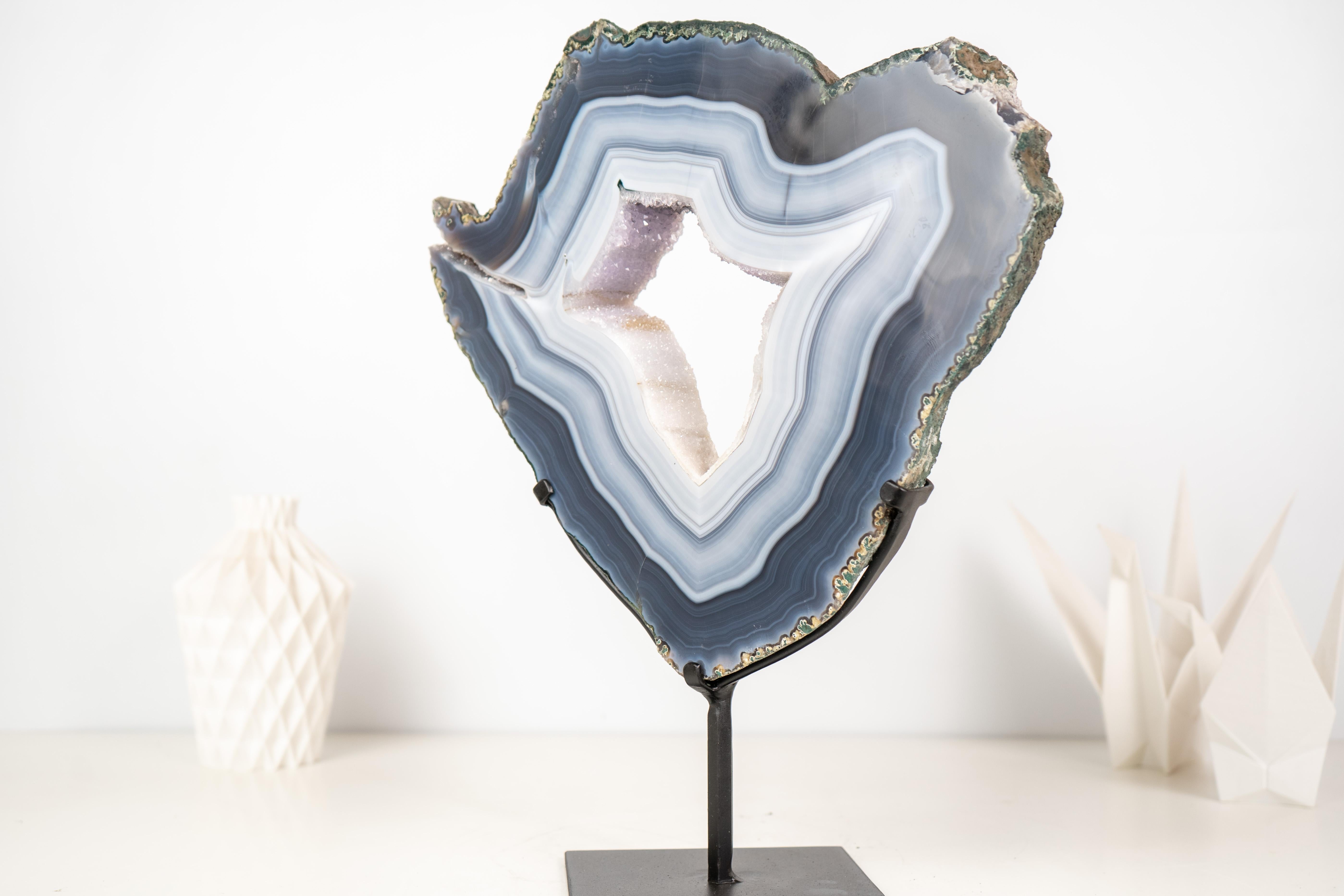 Brazilian Gorgeous Blue and White Lace Agate Geode with Sparkly White Druzy Galaxy For Sale