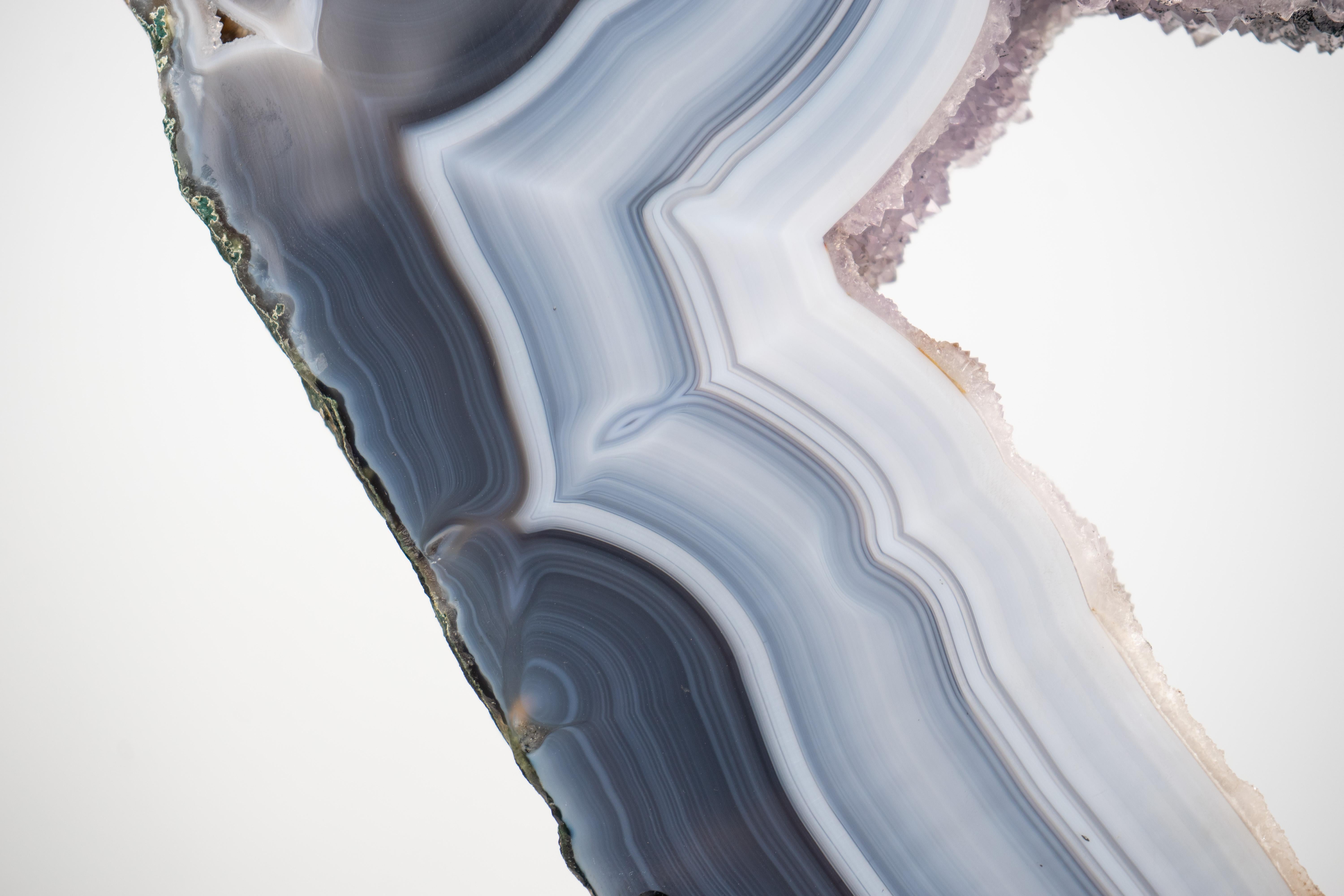 Brazilian Gorgeous Blue and White Lace Agate Geode with Sparkly White Druzy Galaxy For Sale