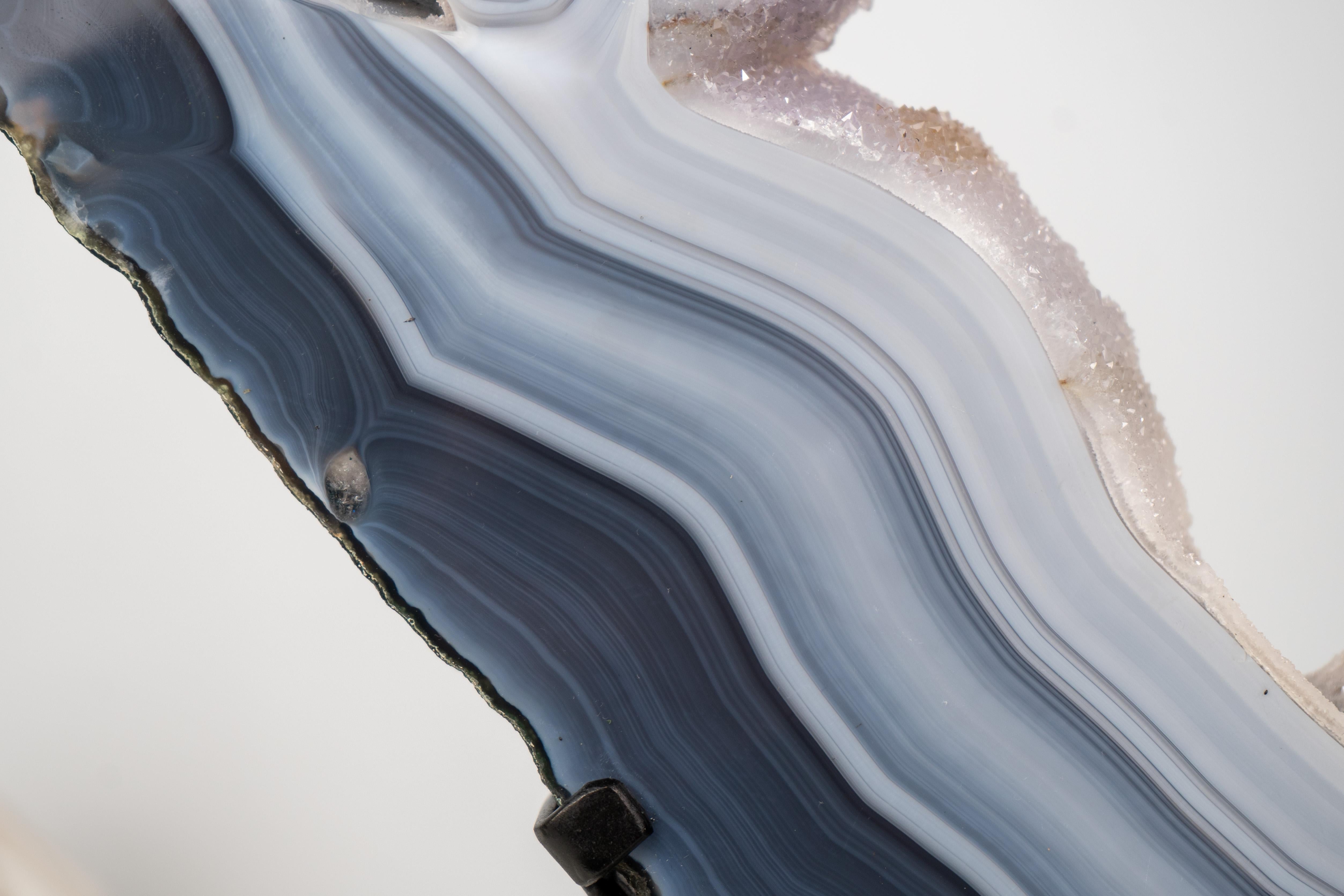 Contemporary Gorgeous Blue and White Lace Agate Geode with Sparkly White Druzy Galaxy For Sale