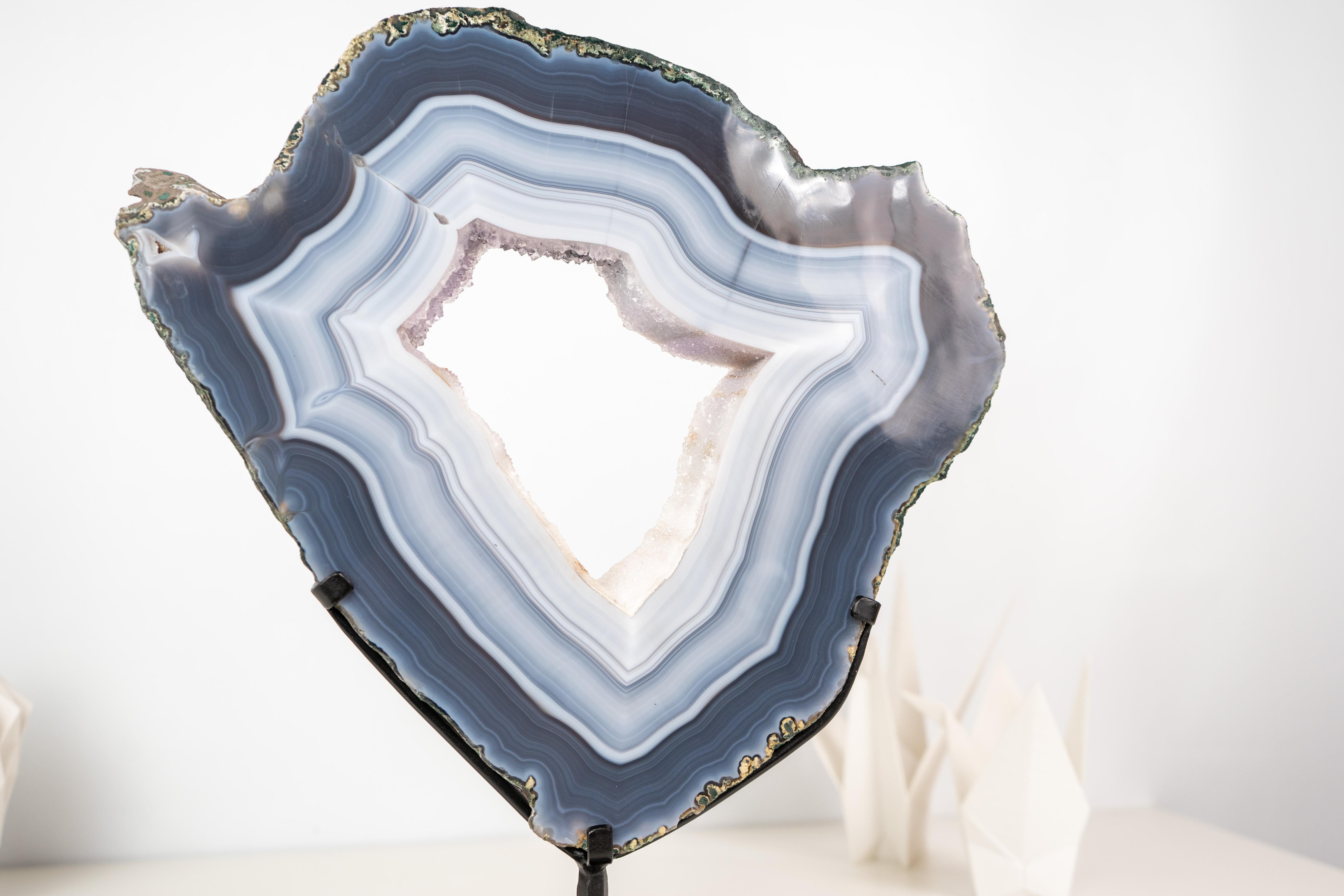 Contemporary Gorgeous Blue and White Lace Agate Geode with Sparkly White Druzy Galaxy For Sale