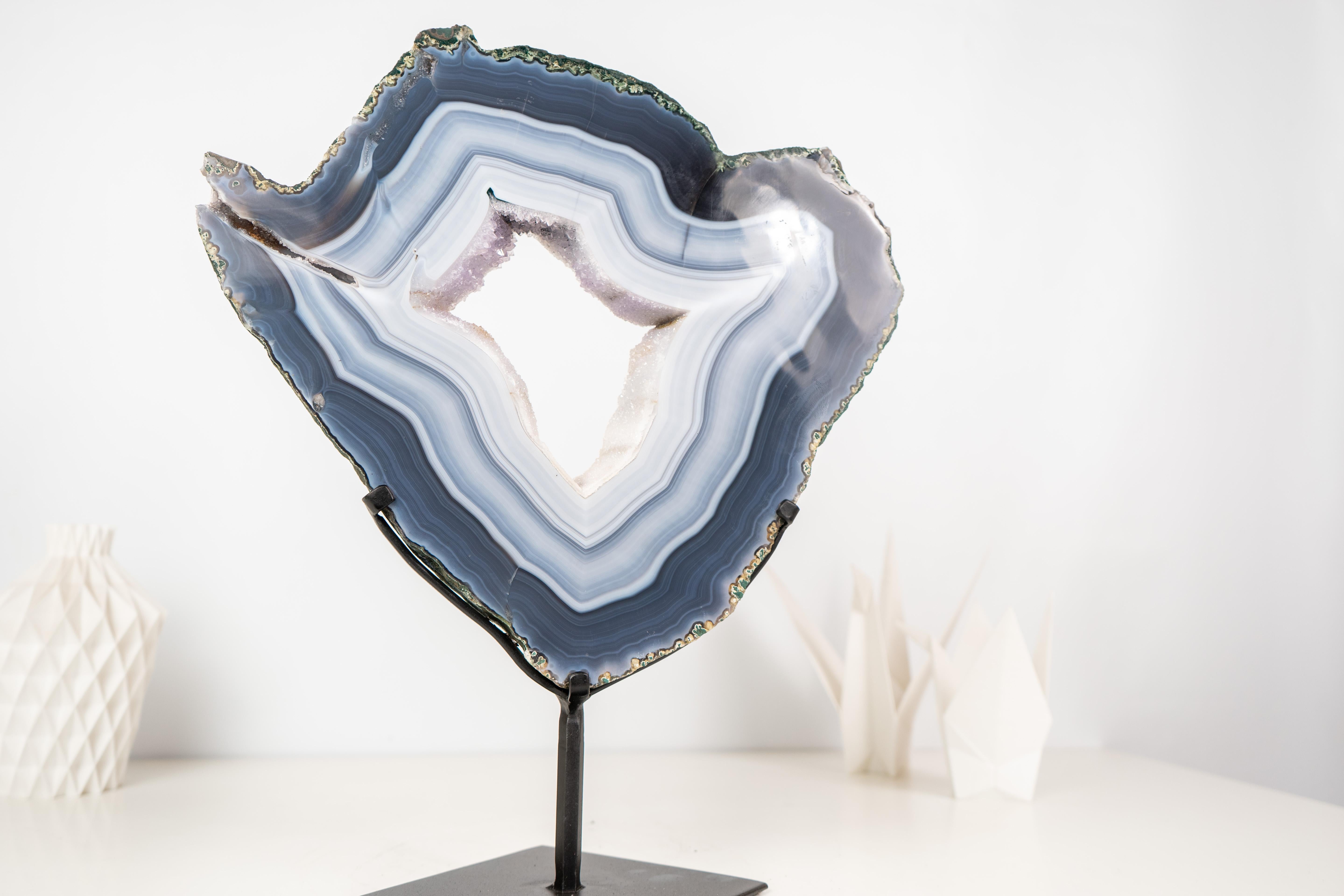 Gorgeous Blue and White Lace Agate Geode with Sparkly White Druzy Galaxy For Sale 3