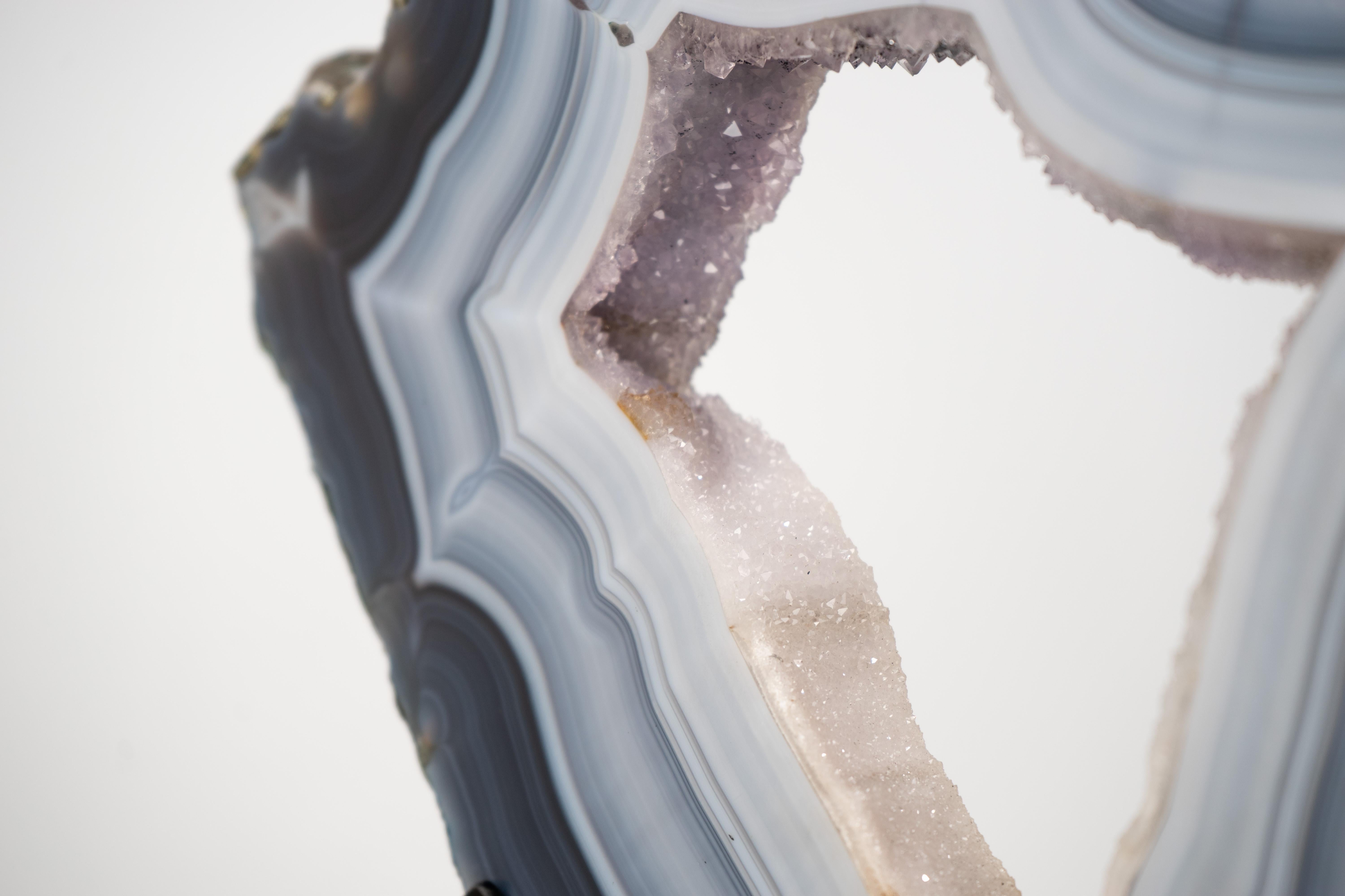 Gorgeous Blue and White Lace Agate Geode with Sparkly White Druzy Galaxy For Sale 3