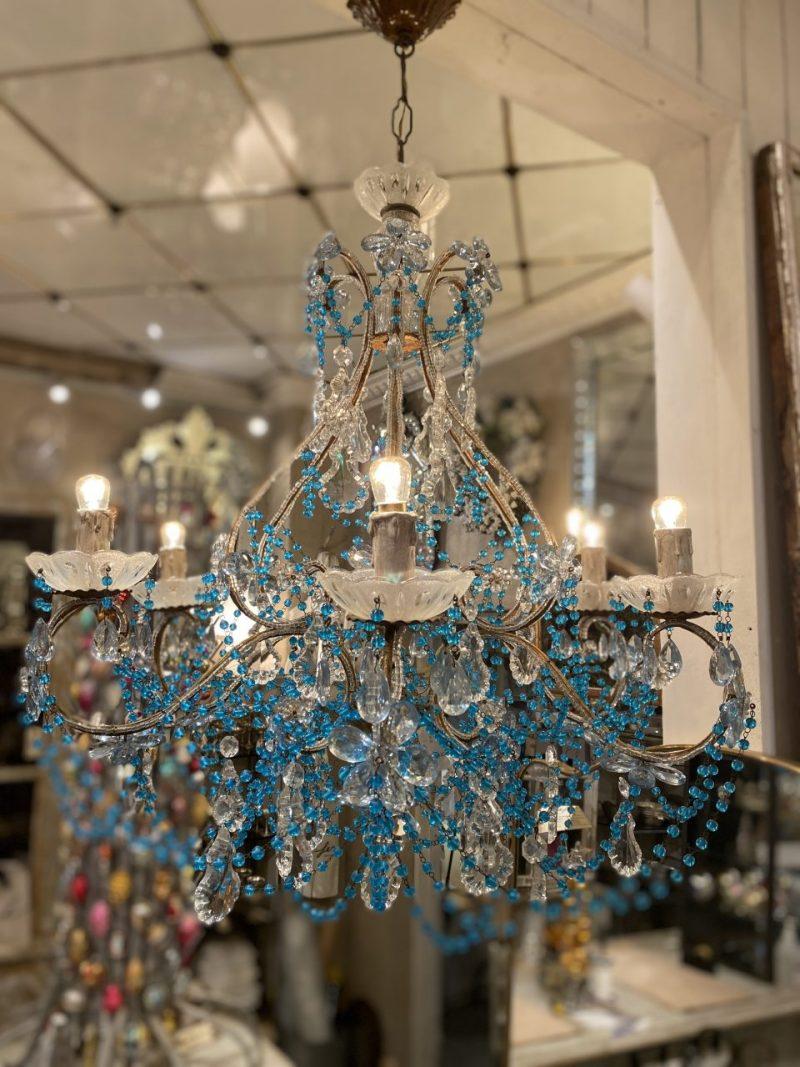 French Gorgeous Blue Rosette and Clear Beads Chandelier, France, Early 20th C For Sale