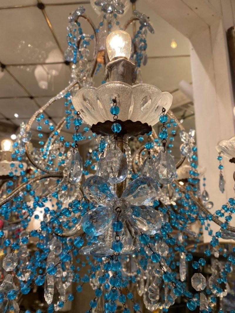 Gilt Gorgeous Blue Rosette and Clear Beads Chandelier, France, Early 20th C For Sale