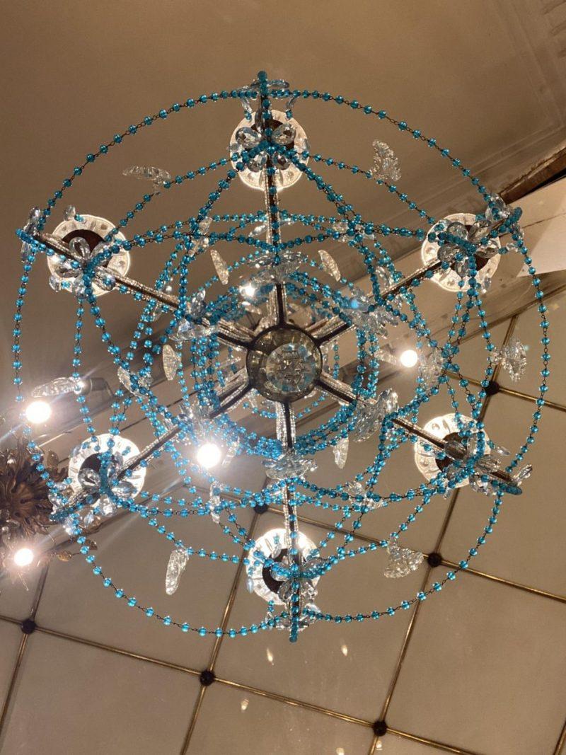 Glass Gorgeous Blue Rosette and Clear Beads Chandelier, France, Early 20th C For Sale