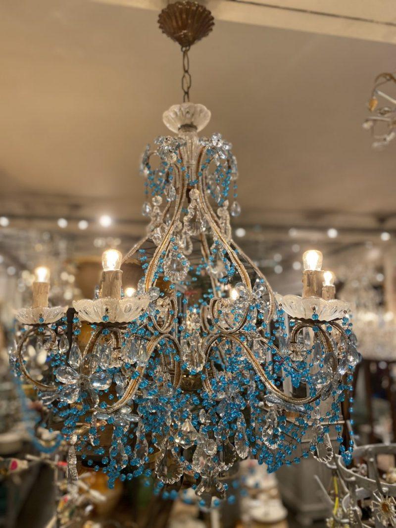 Gorgeous Blue Rosette and Clear Beads Chandelier, France, Early 20th C For Sale 1