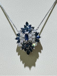Gorgeous Blue Sapphire And Diamond Necklace In 14k White Gold