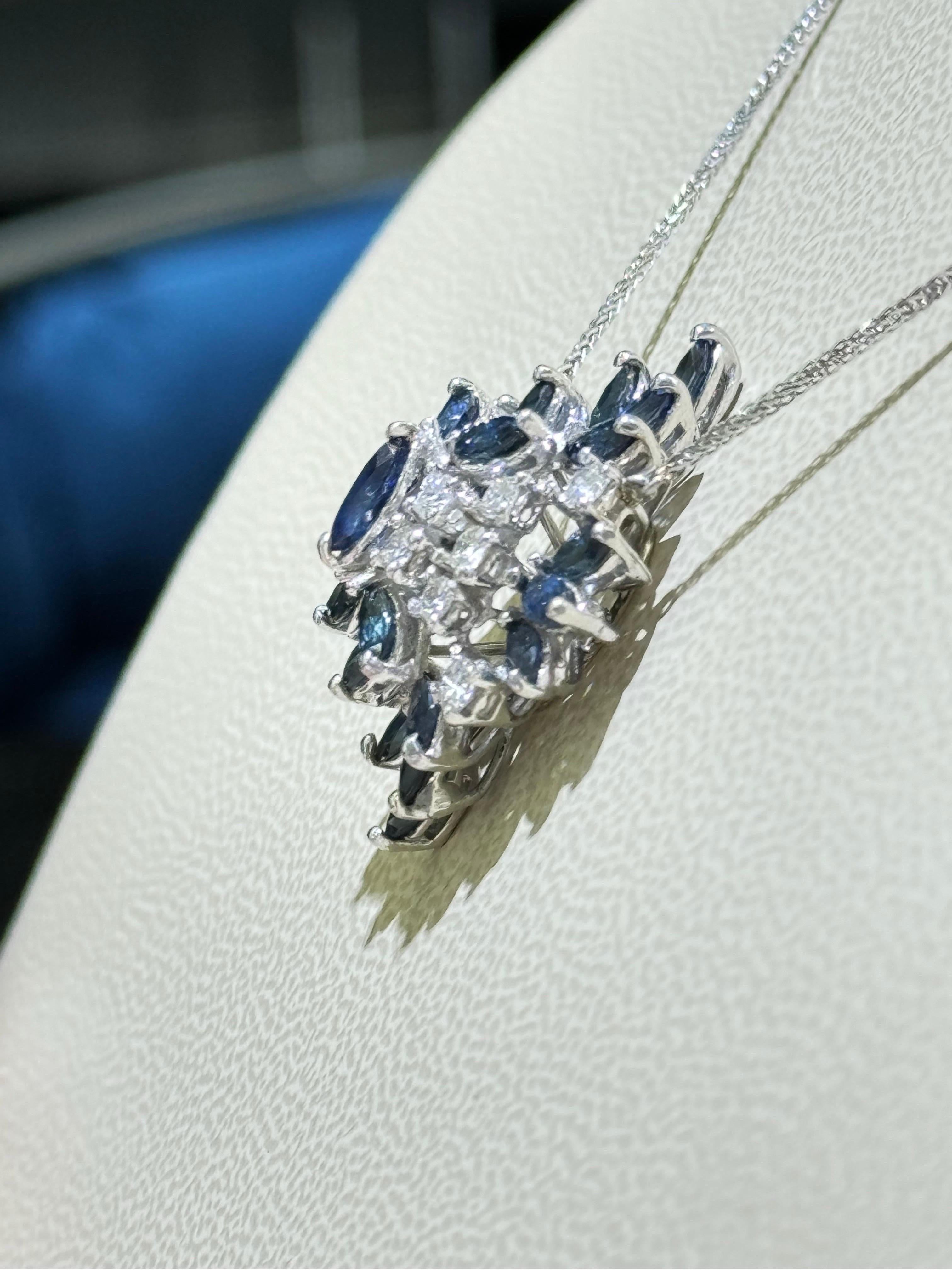 Art Deco Gorgeous Blue Sapphire And Diamond Necklace In 14k White Gold  For Sale