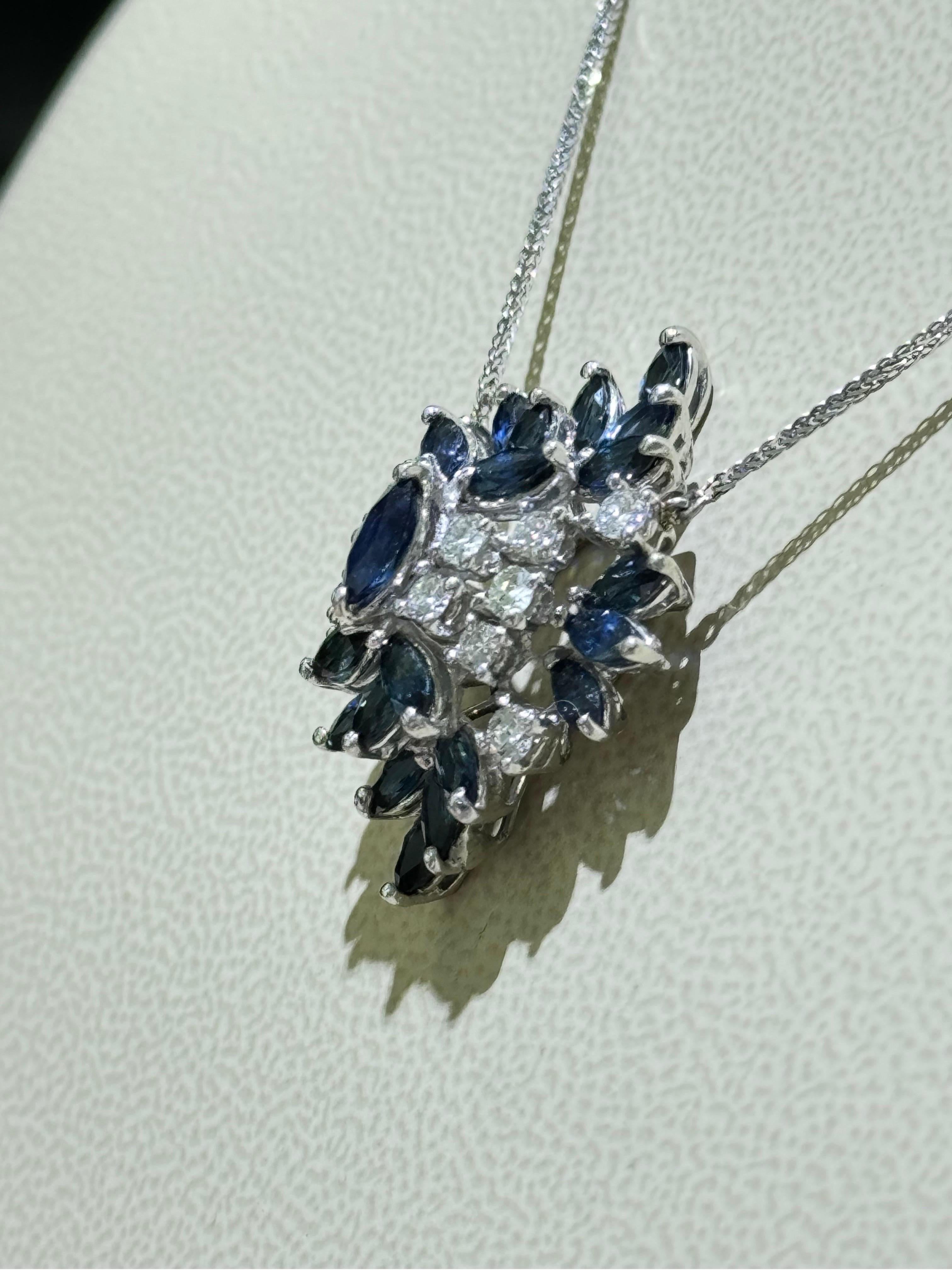 Round Cut Gorgeous Blue Sapphire And Diamond Necklace In 14k White Gold  For Sale
