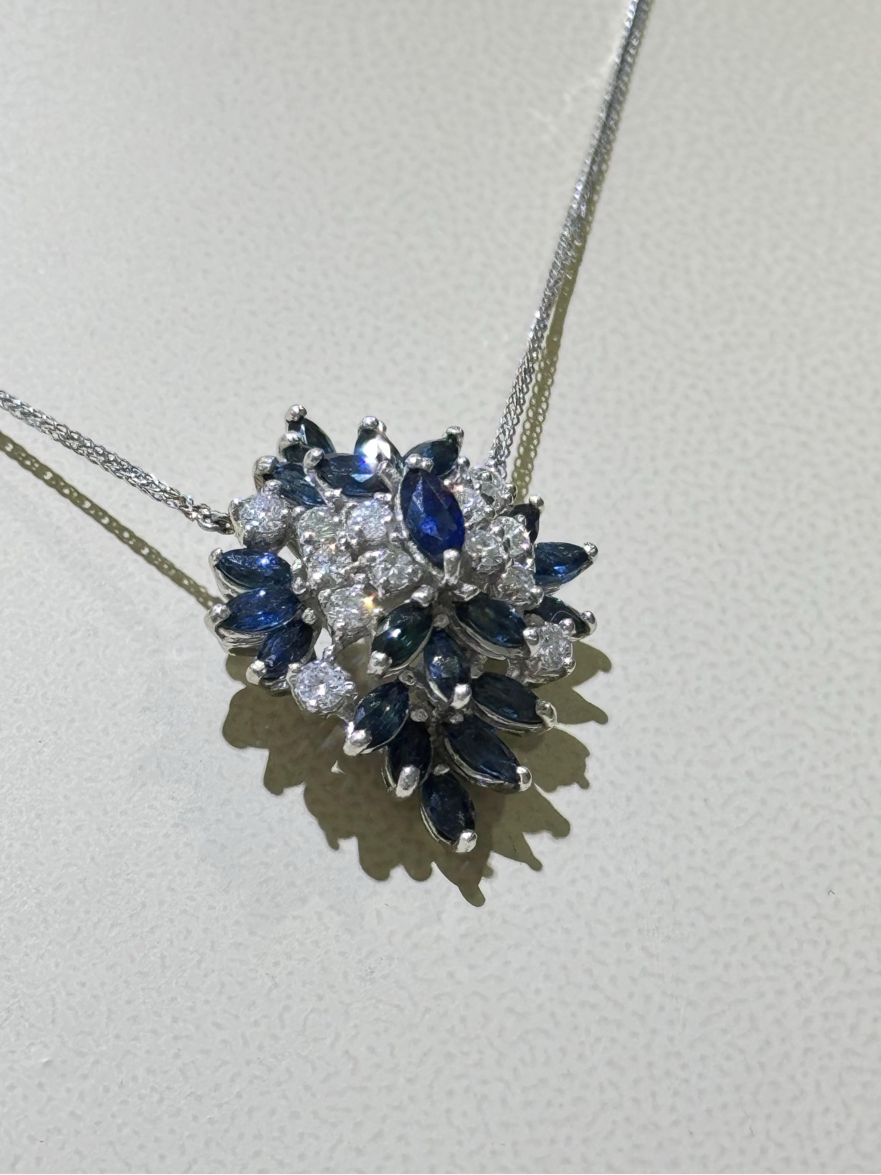 Gorgeous Blue Sapphire And Diamond Necklace In 14k White Gold  In Excellent Condition For Sale In Fort Lauderdale, FL