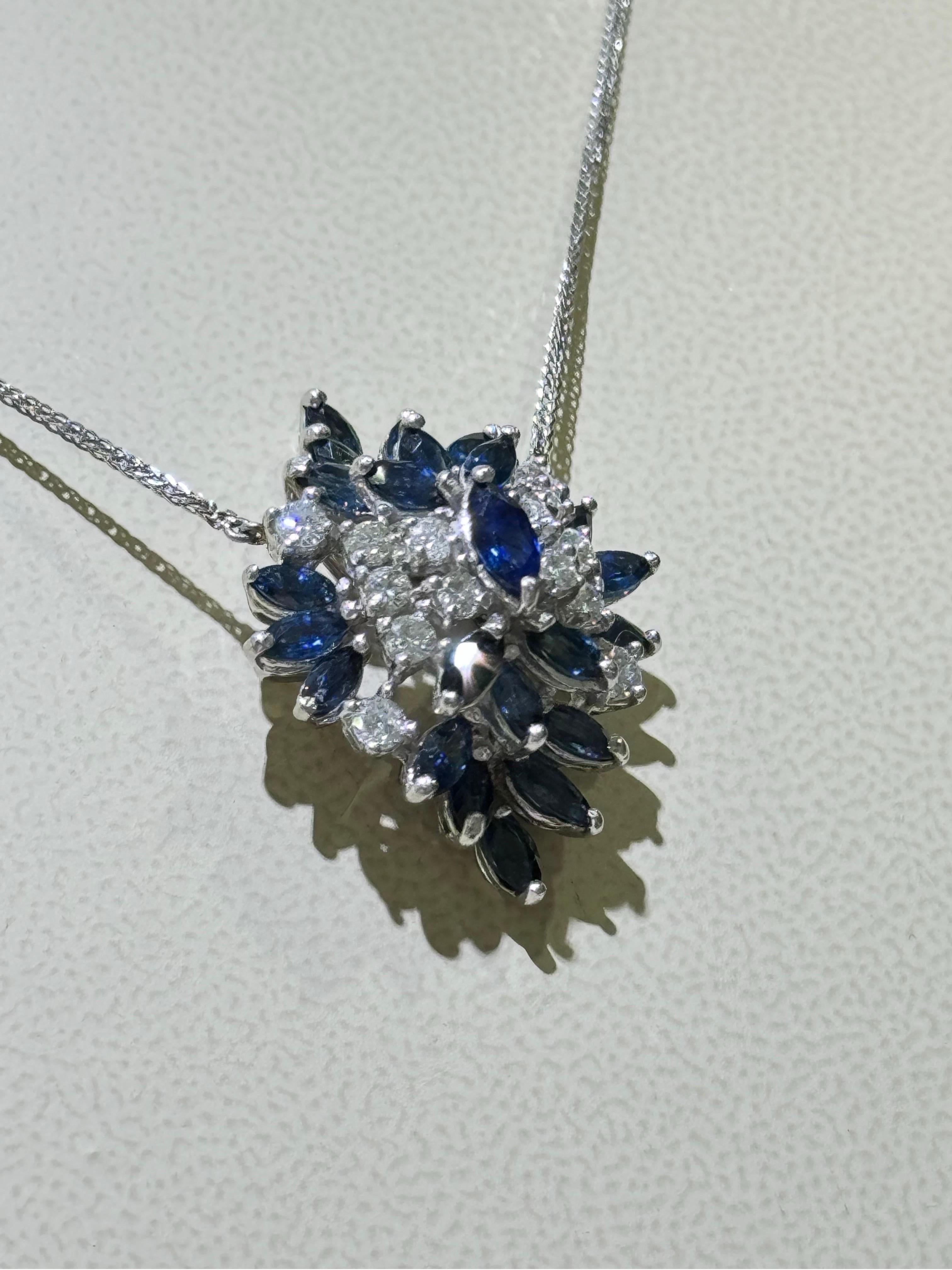 Women's Gorgeous Blue Sapphire And Diamond Necklace In 14k White Gold  For Sale
