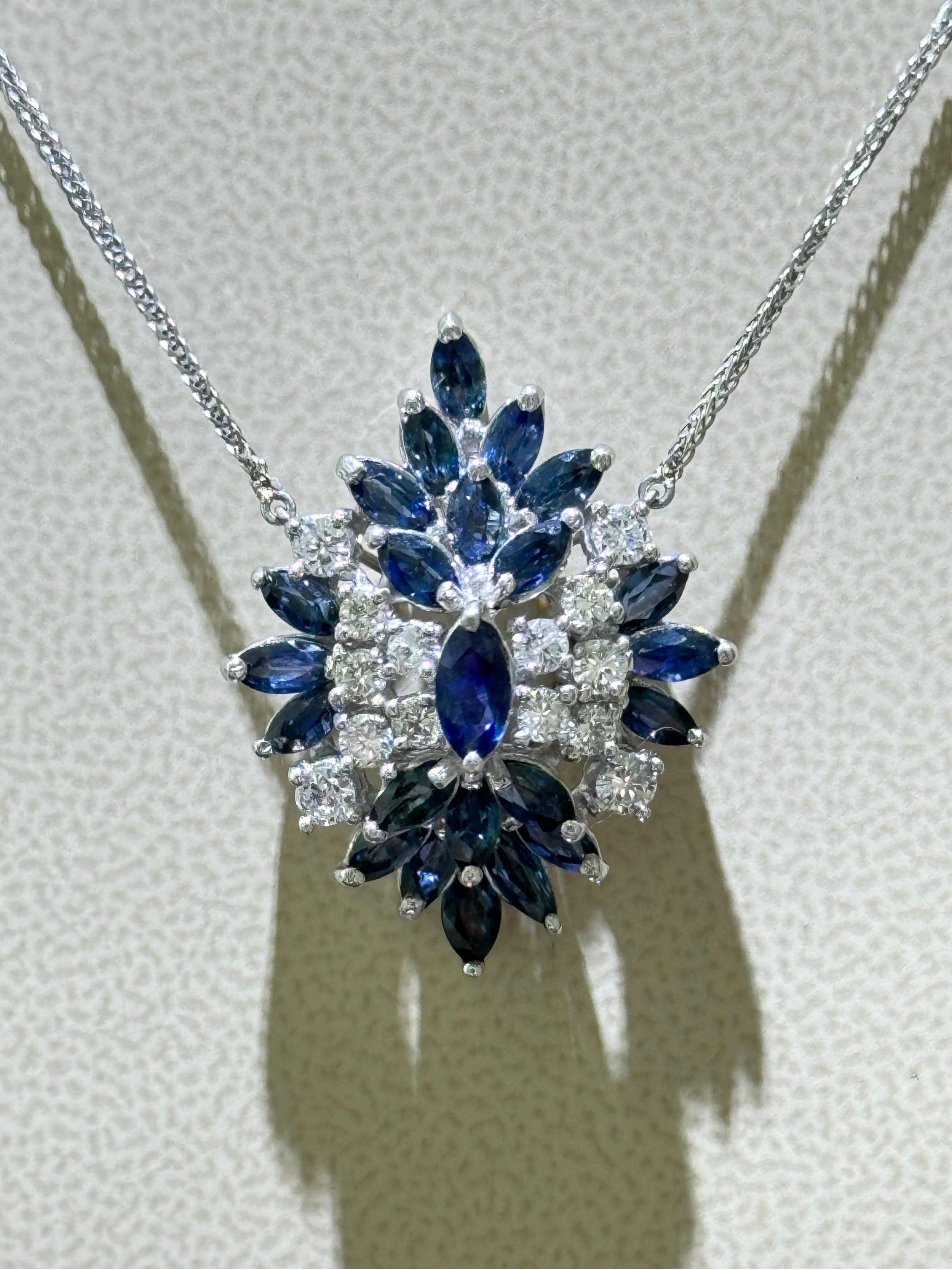 Gorgeous Blue Sapphire And Diamond Necklace In 14k White Gold  For Sale 1