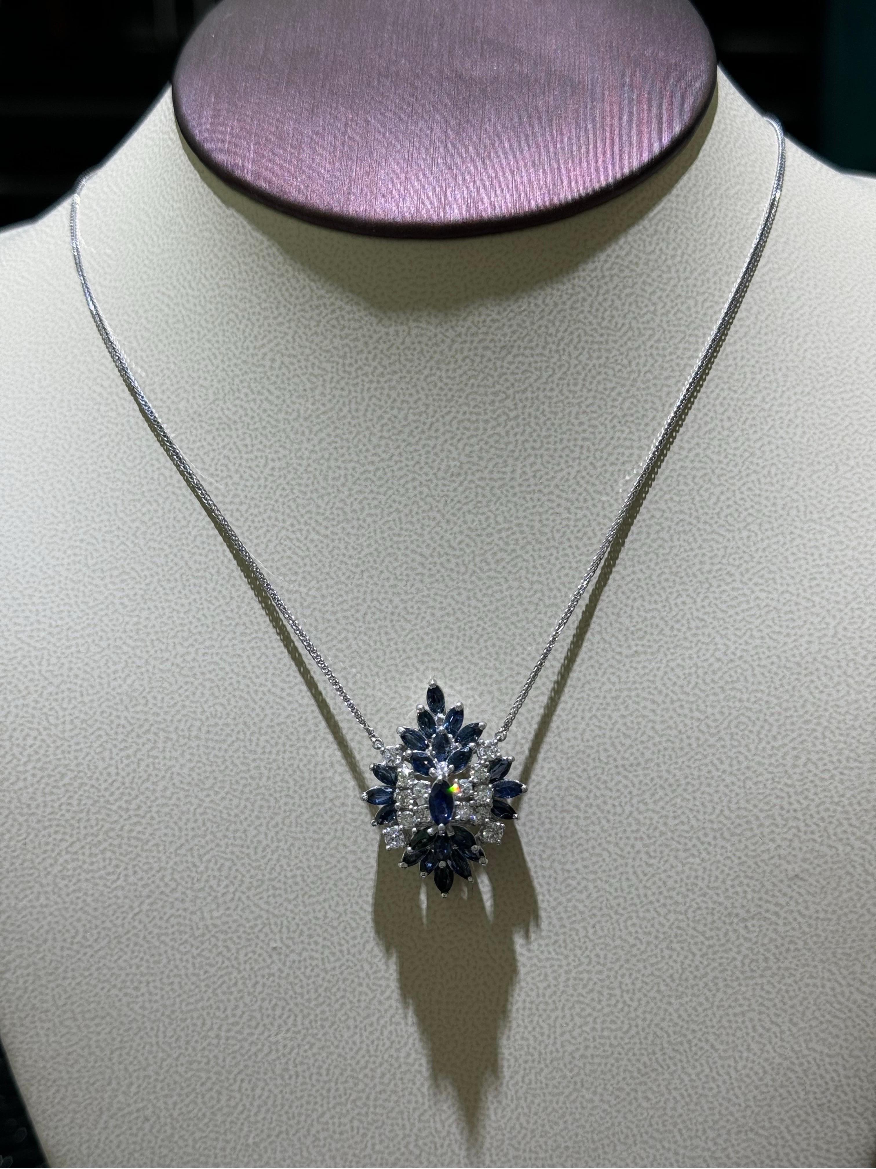 Gorgeous Blue Sapphire And Diamond Necklace In 14k White Gold  For Sale 2