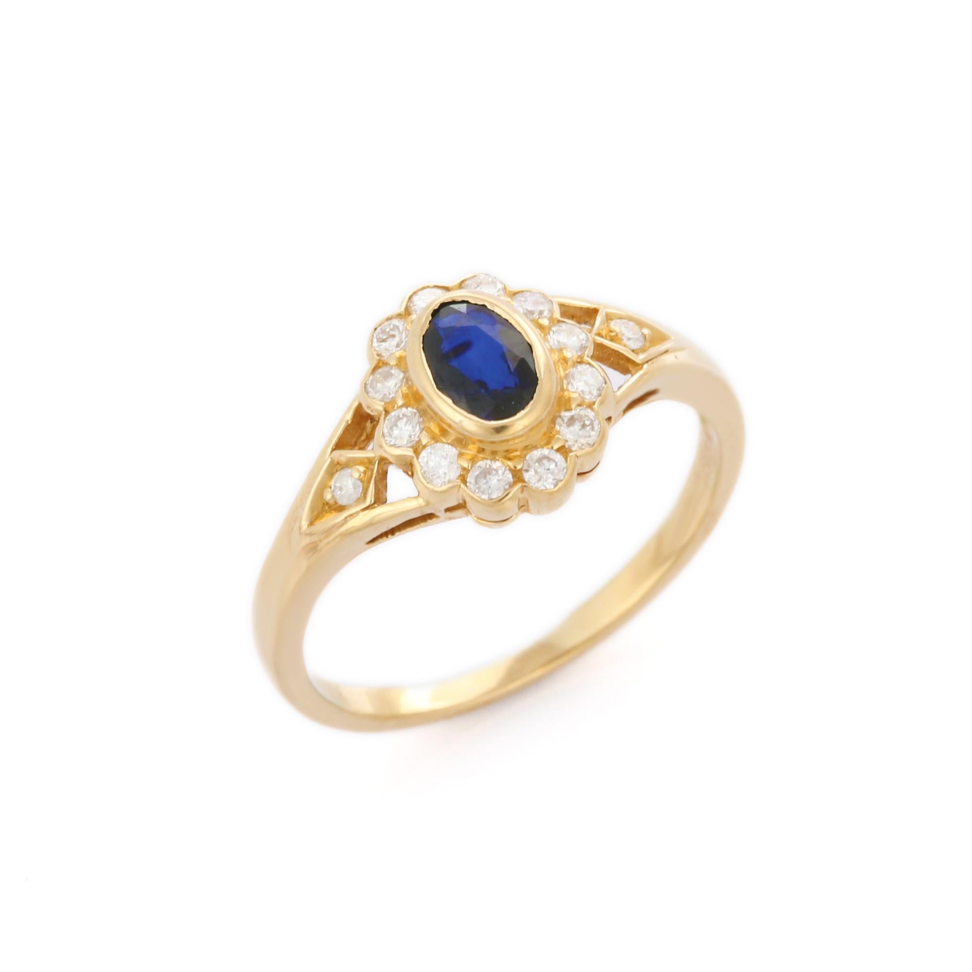 For Sale:  Dainty Blue Sapphire Enclosed with Diamonds Engagement Ring in 18K Yellow Gold 2