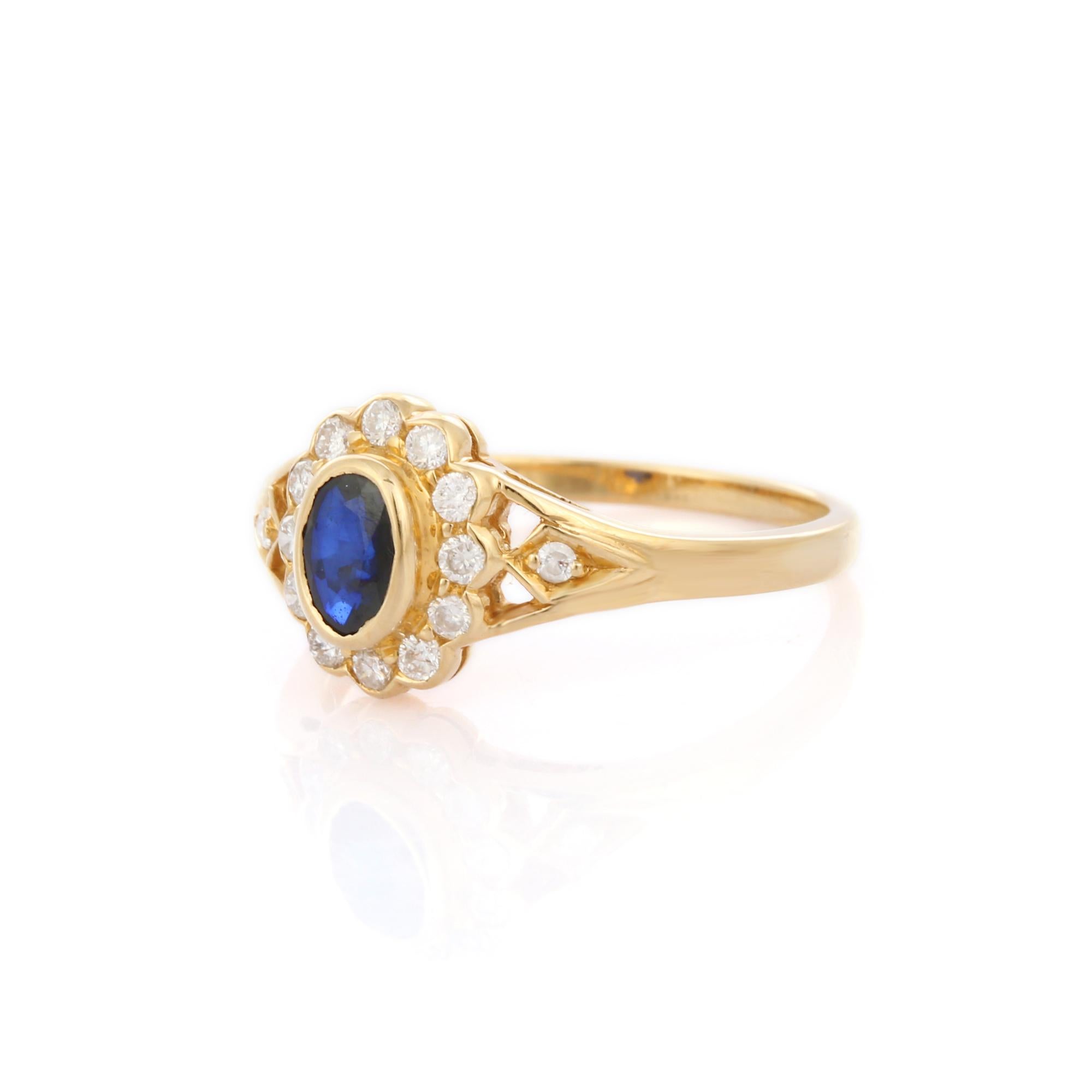 For Sale:  Dainty Blue Sapphire Enclosed with Diamonds Engagement Ring in 18K Yellow Gold 3