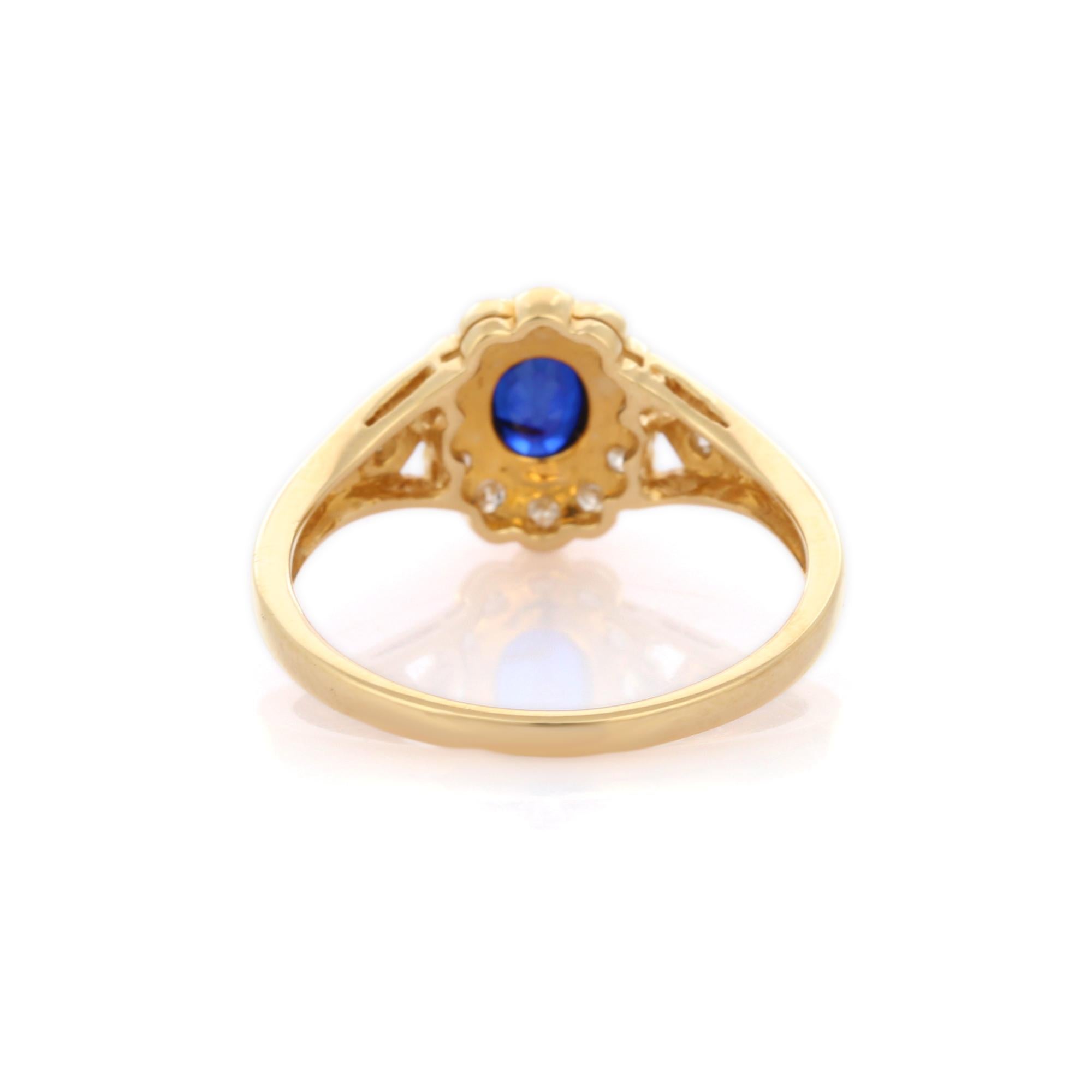For Sale:  Dainty Blue Sapphire Enclosed with Diamonds Engagement Ring in 18K Yellow Gold 4