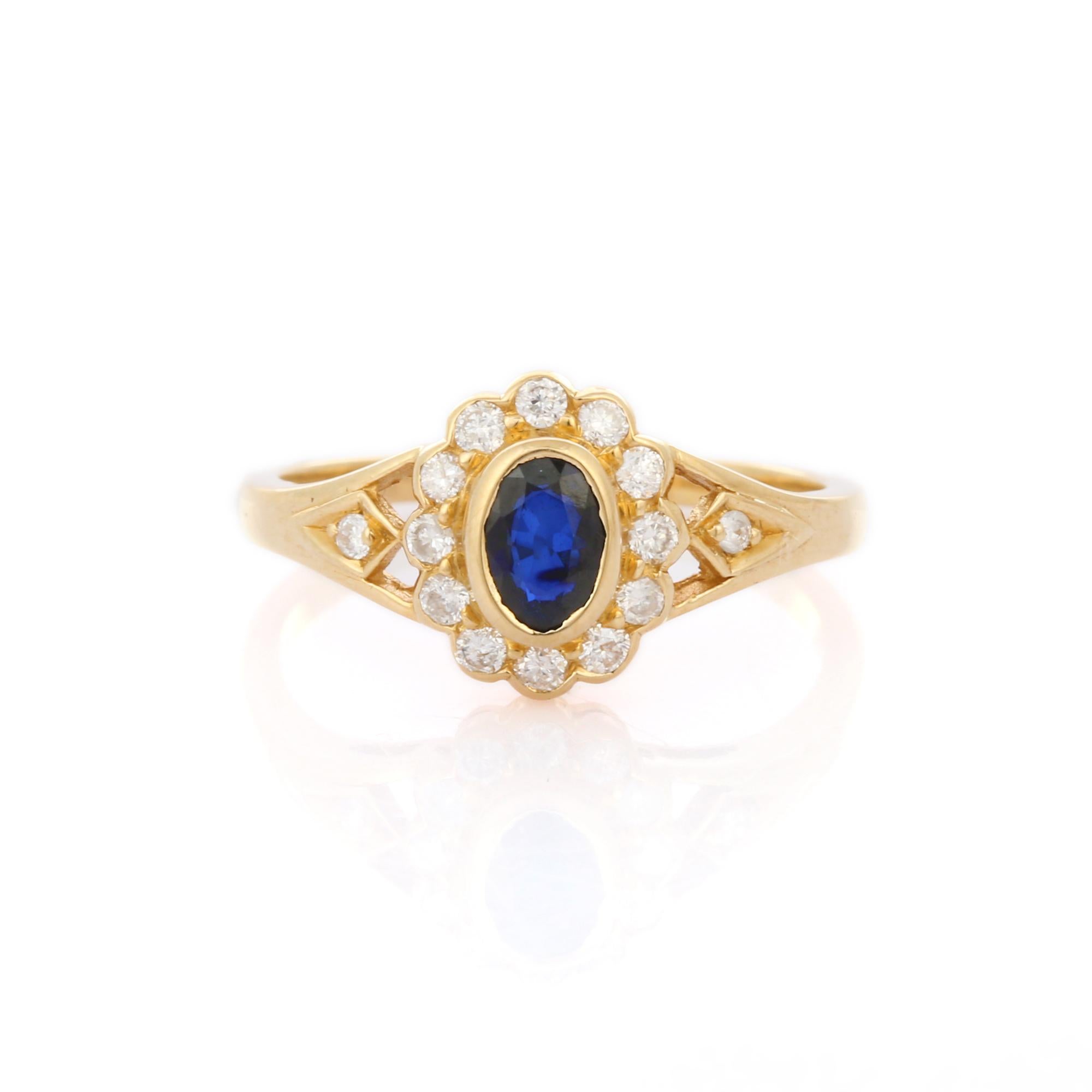 For Sale:  Dainty Blue Sapphire Enclosed with Diamonds Engagement Ring in 18K Yellow Gold 5