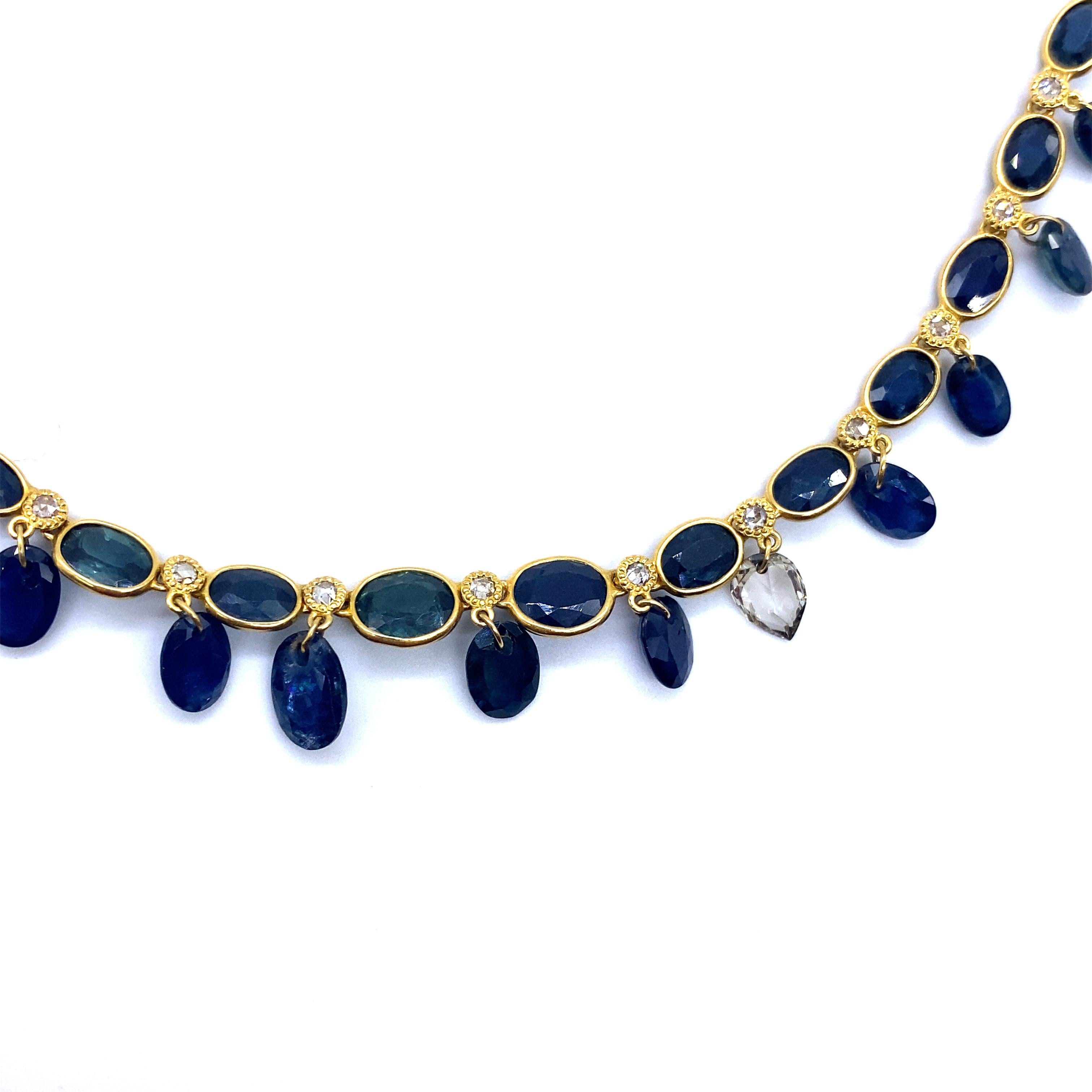 Rose Cut Gorgeous Blue Sapphire Drops Necklace with 1.08 Carat Diamonds For Sale