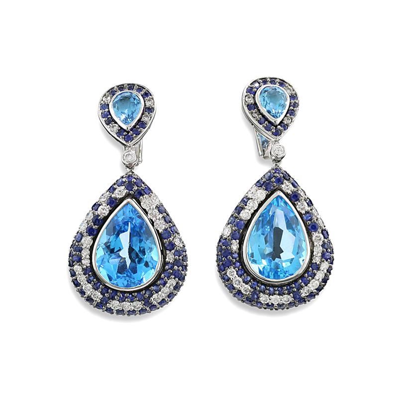 Contemporary Gorgeous Blue Topaz Sapphir Diamonds 32.70 carat Earrings 18 Karat White Gold For Sale
