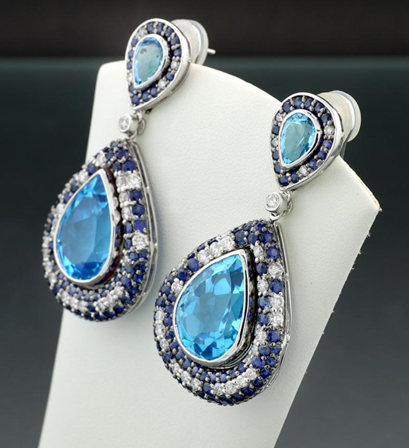 Brilliant Cut Gorgeous Blue Topaz Sapphir Diamonds 32.70 carat Earrings 18 Karat White Gold For Sale