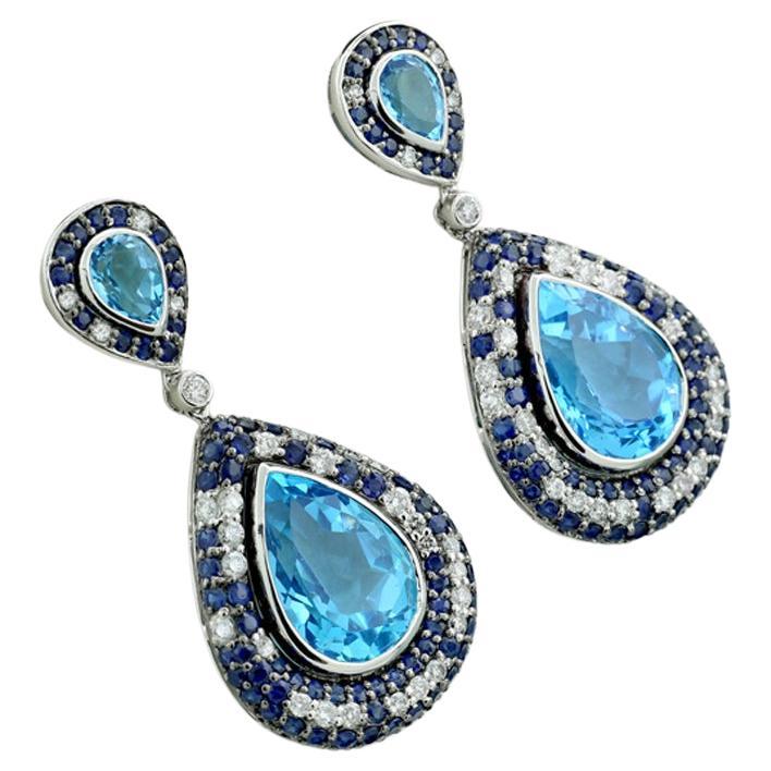 Gorgeous Blue Topaz Sapphir Diamonds 32.70 carat Earrings 18 Karat White Gold For Sale