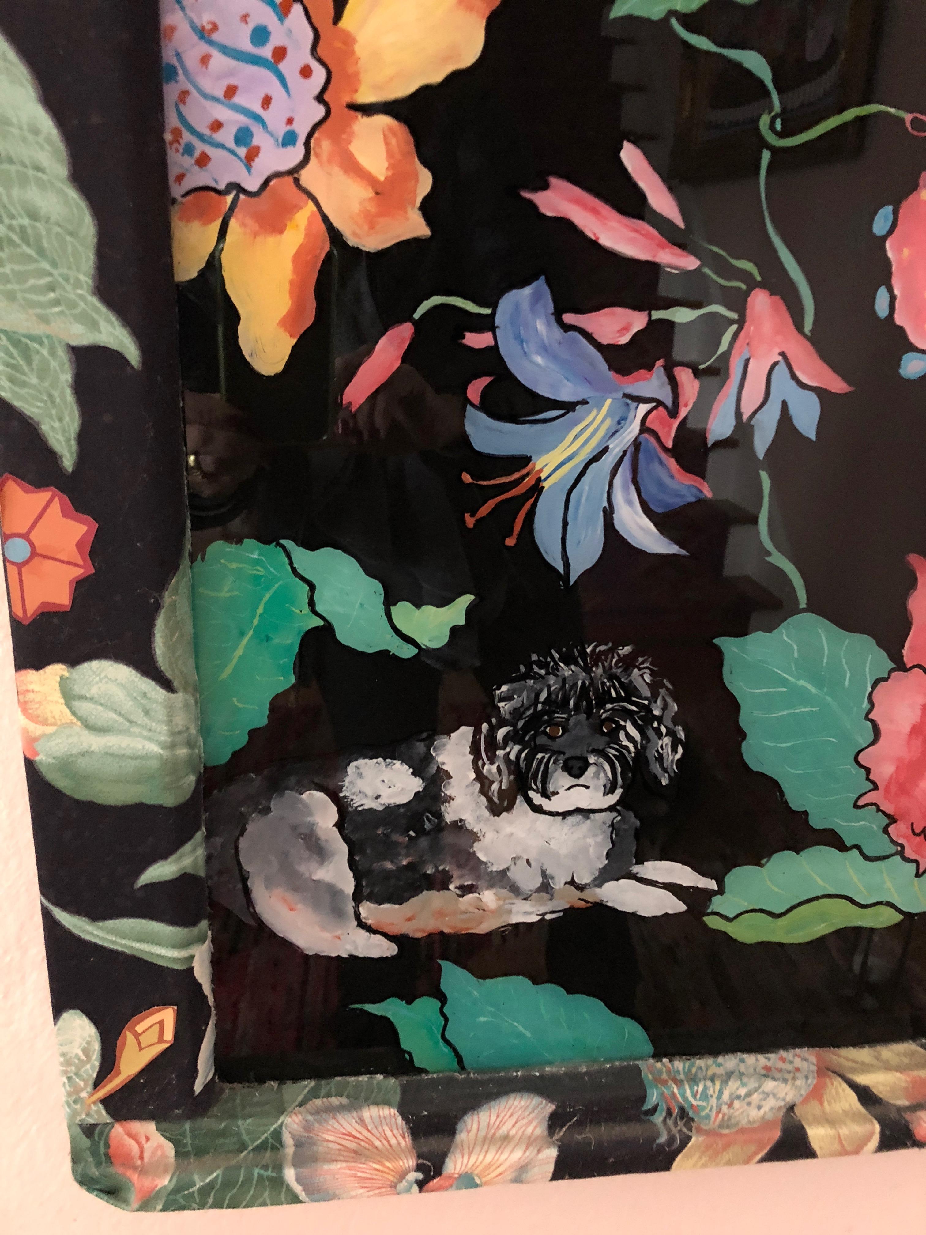 Contemporary Gorgeous Bold Reverse Painting on Glass of Puppy in the Garden For Sale