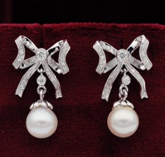 Bow Earrings .60 Carat Diamond, Cultured Sea Pearl 18 Karat Gold Earrings