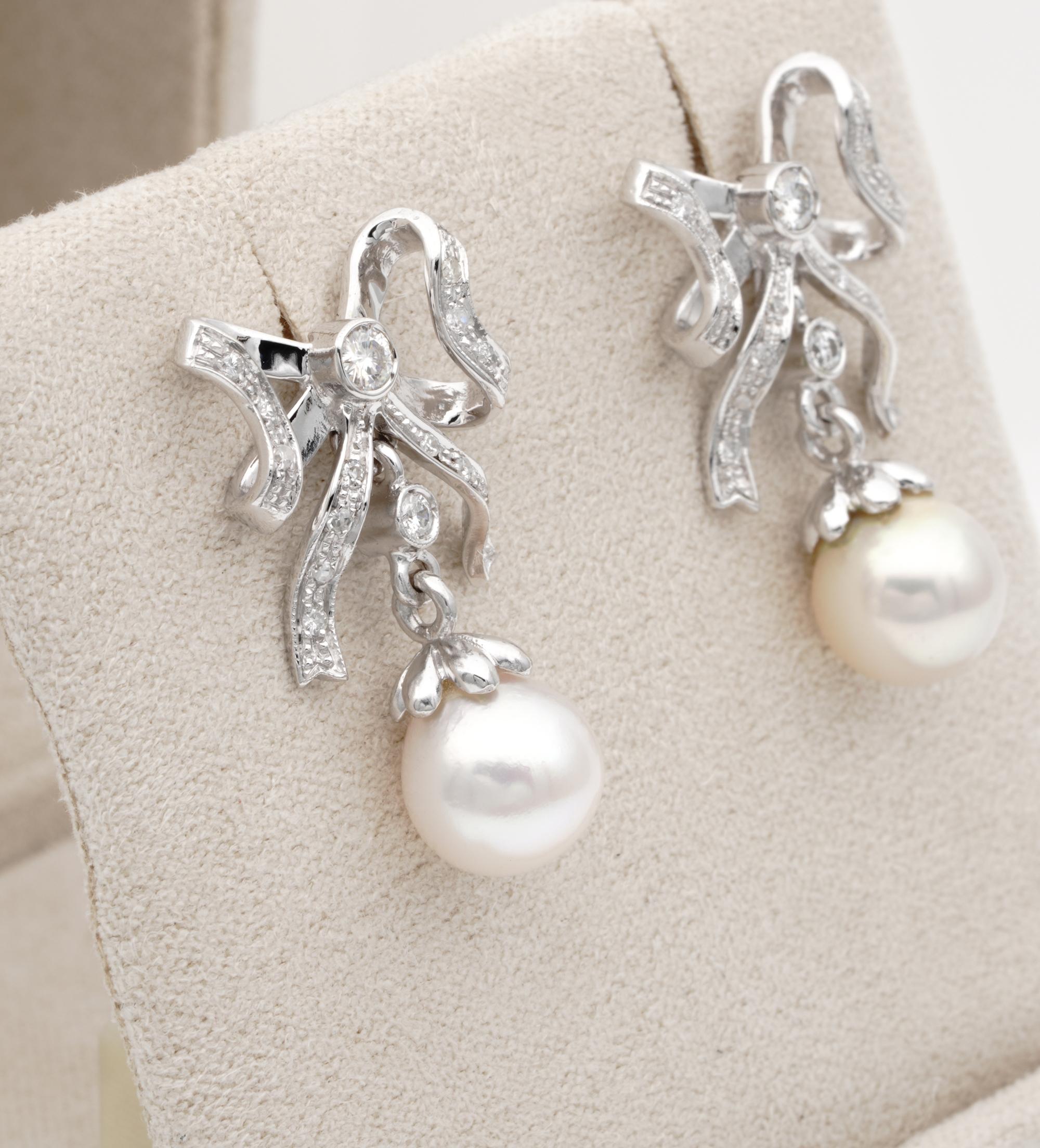 Contemporary Bow Earrings .60 Carat Diamond, Cultured Sea Pearl 18 Karat Gold Earrings For Sale