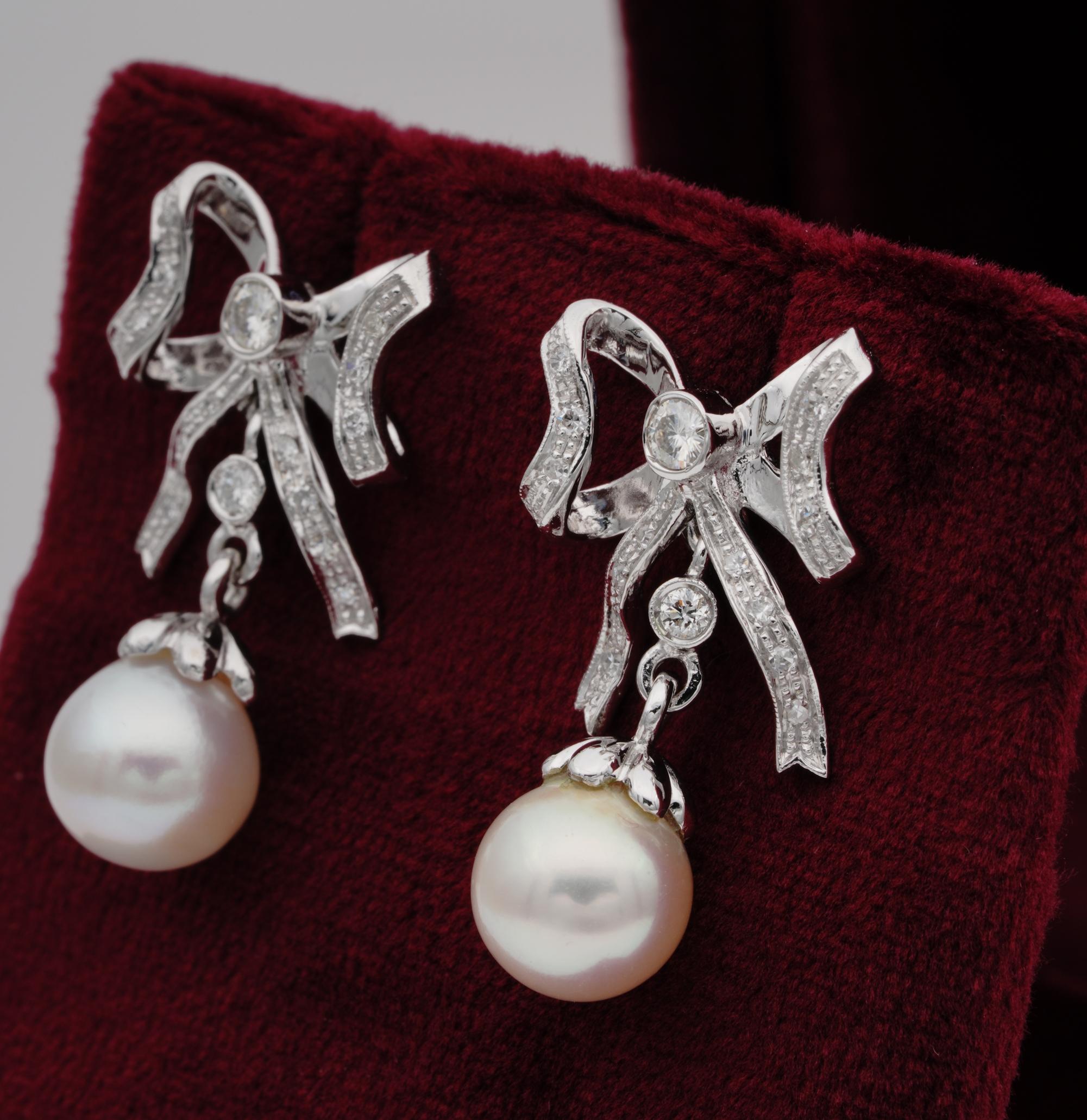 Bow Earrings .60 Carat Diamond, Cultured Sea Pearl 18 Karat Gold Earrings For Sale 1