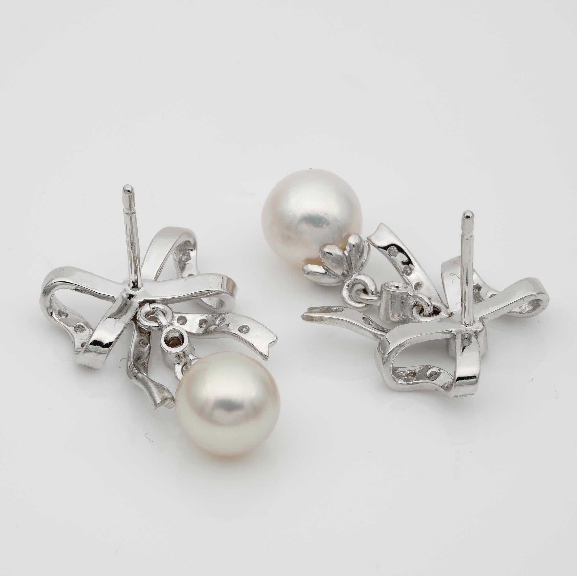 Bow Earrings .60 Carat Diamond, Cultured Sea Pearl 18 Karat Gold Earrings For Sale 2