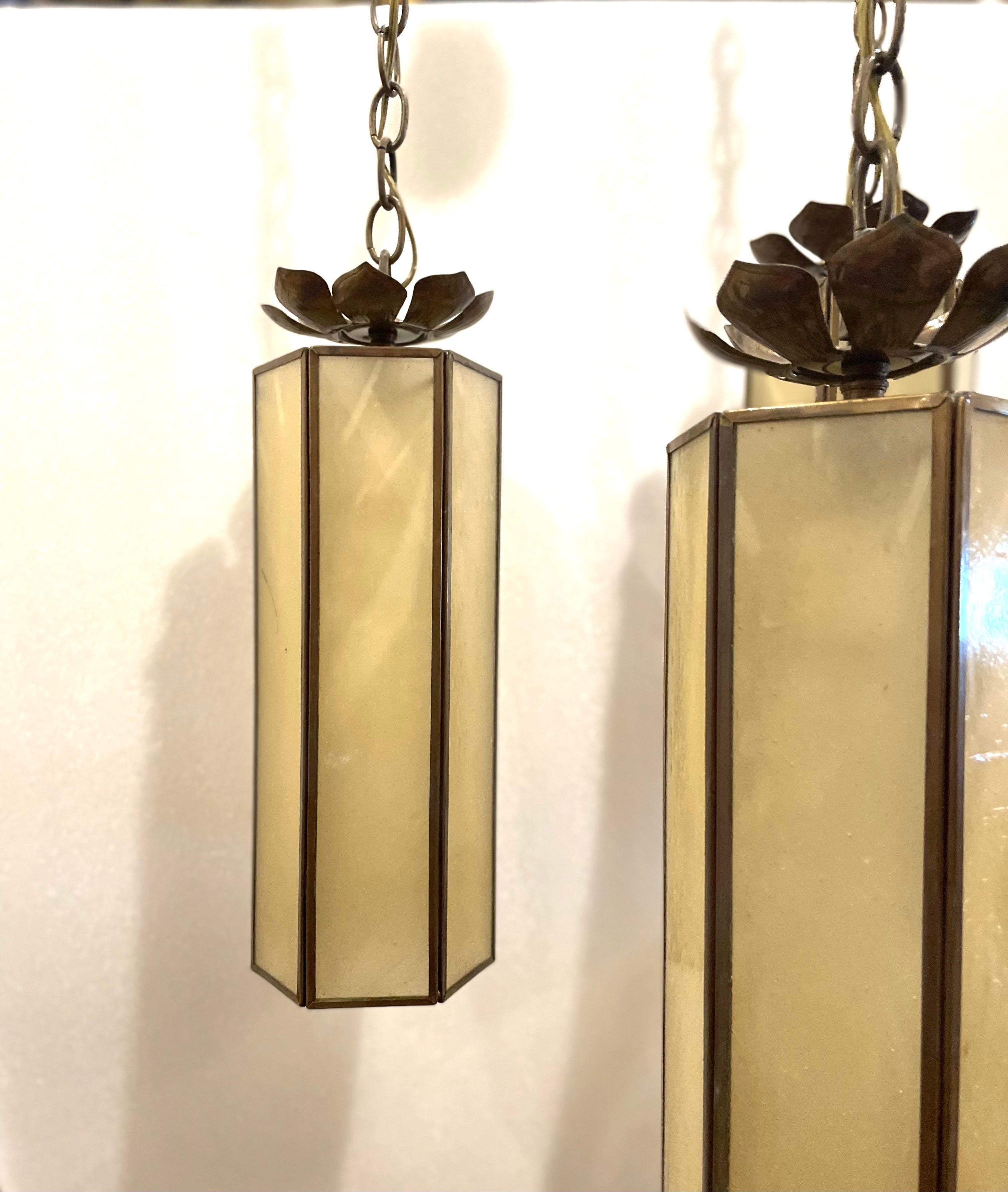 20th Century Gorgeous Brass Lotus Chandelier Pendant Shades