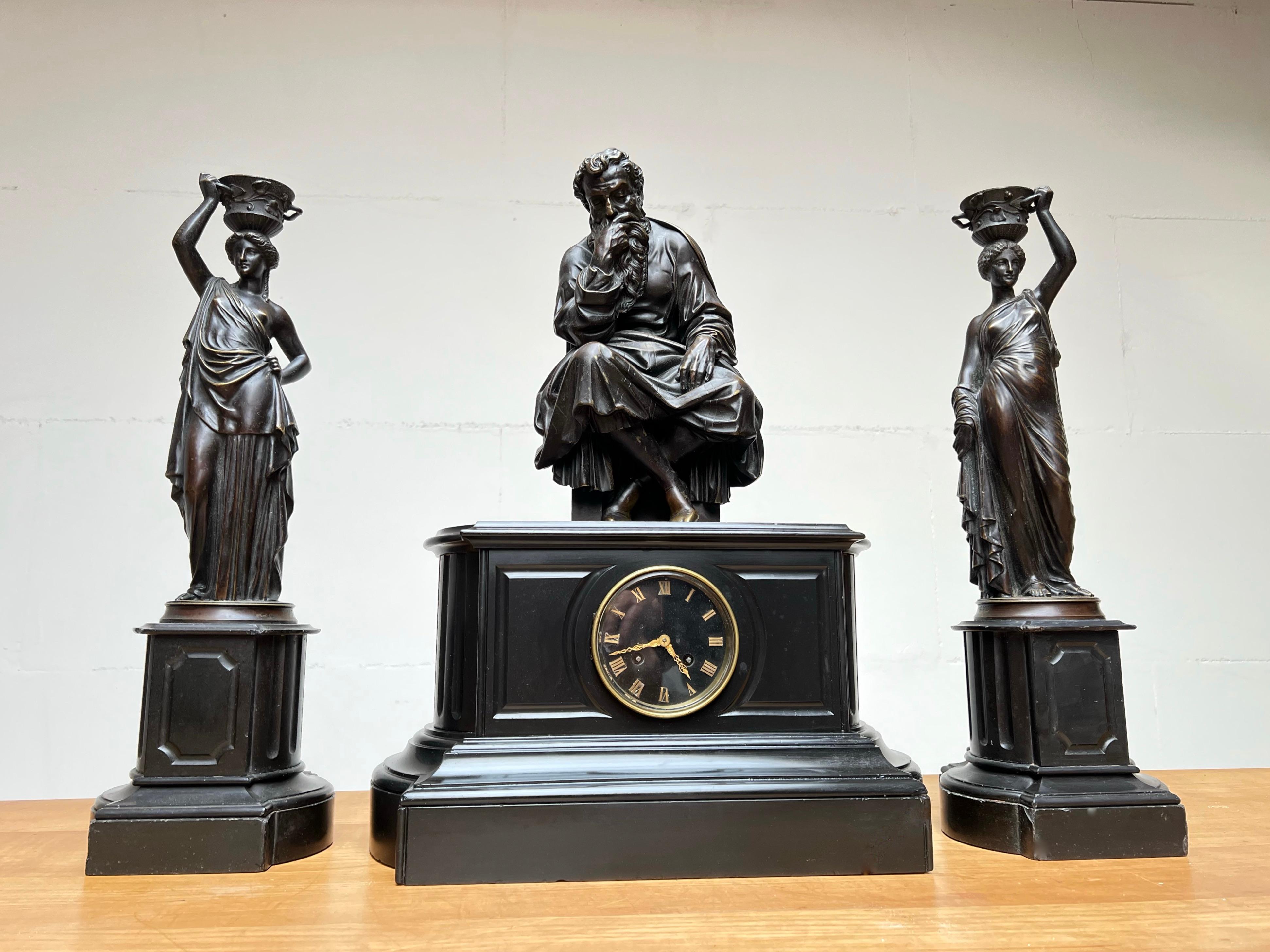 Renaissance Revival Rare Bronze & Black Marble Clock Set by Deniere A Paris the Philosopher, c.1860 For Sale