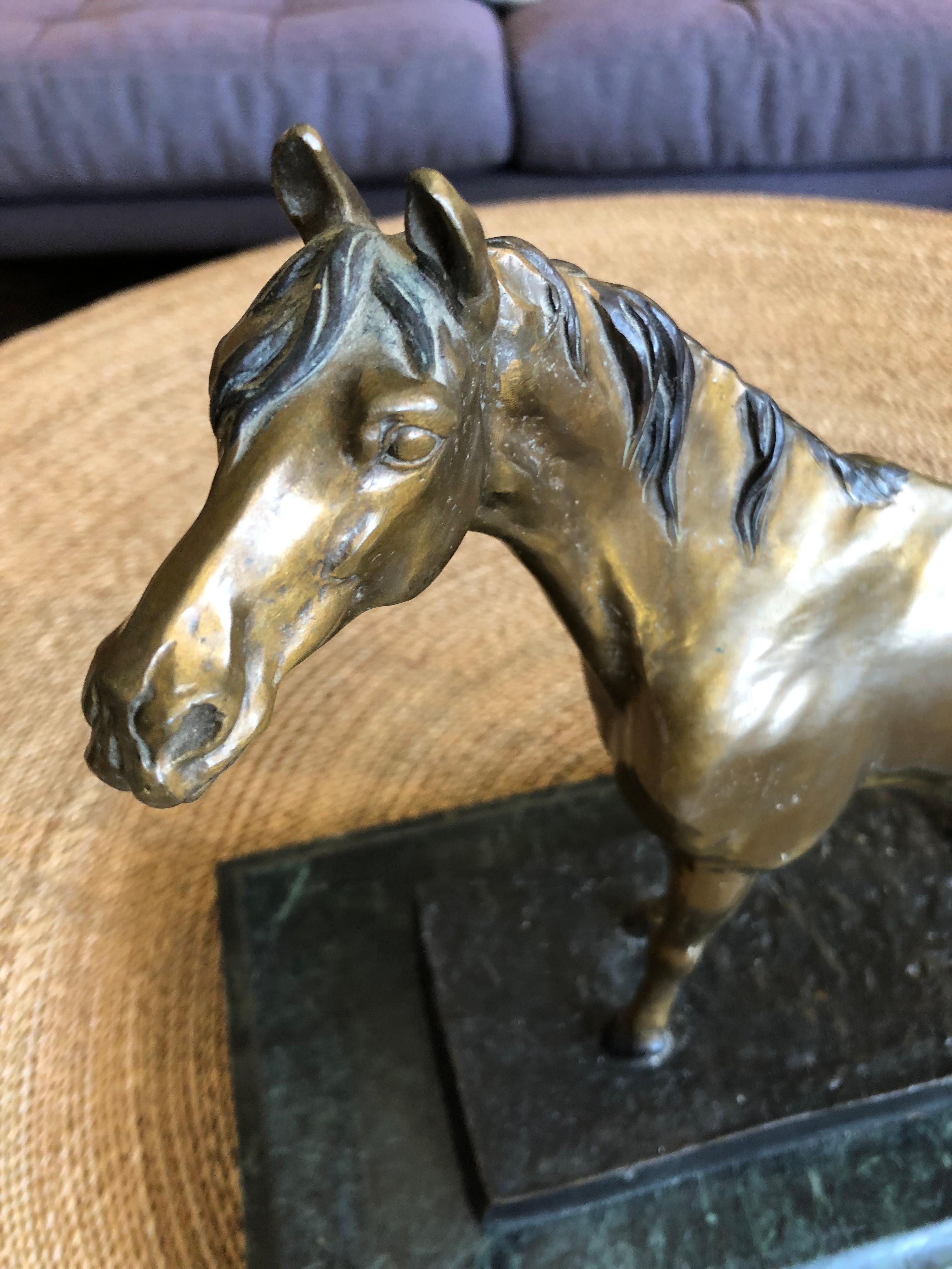 Gorgeous Bronze Equestrian Sculpture on Green Marble Base by Cyrus Dallin For Sale 2