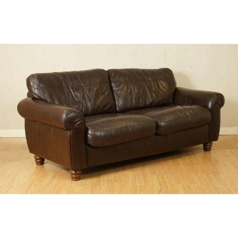 We are delighted to offer for sale this gorgeous brown leather saddle leather two seater sofa.

A lovely quality and solid frame built inside the sofa; the cushions are still plump and have plenty of good use left. We have slightly restored this