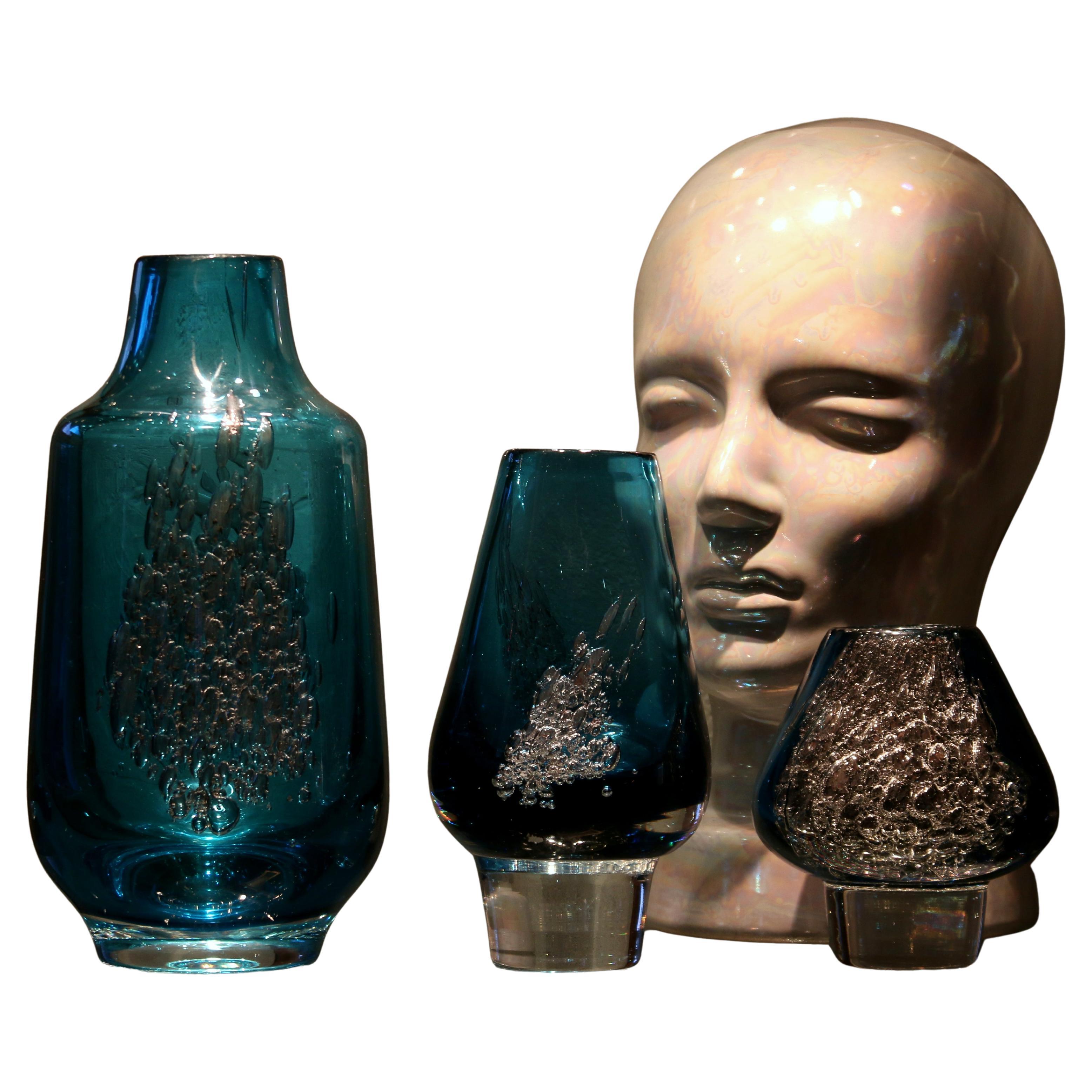 superbe BUBBLE ART GLASS Trio by "Heinz Löffelhardt late 1960s Set of 3 Vases en vente
