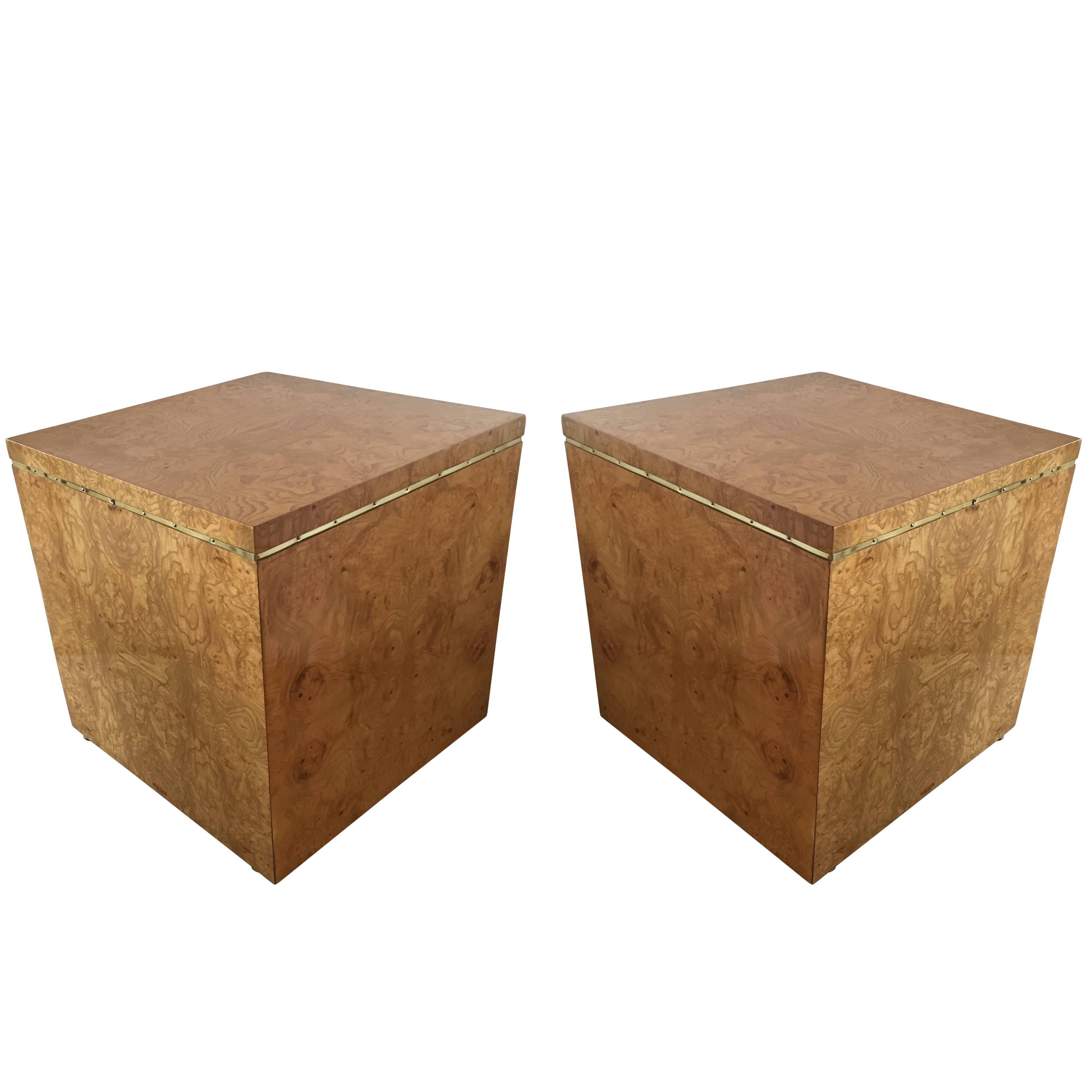 Gorgeous Burl Wood Milo Baughman Style Midcentury Cube End Tables