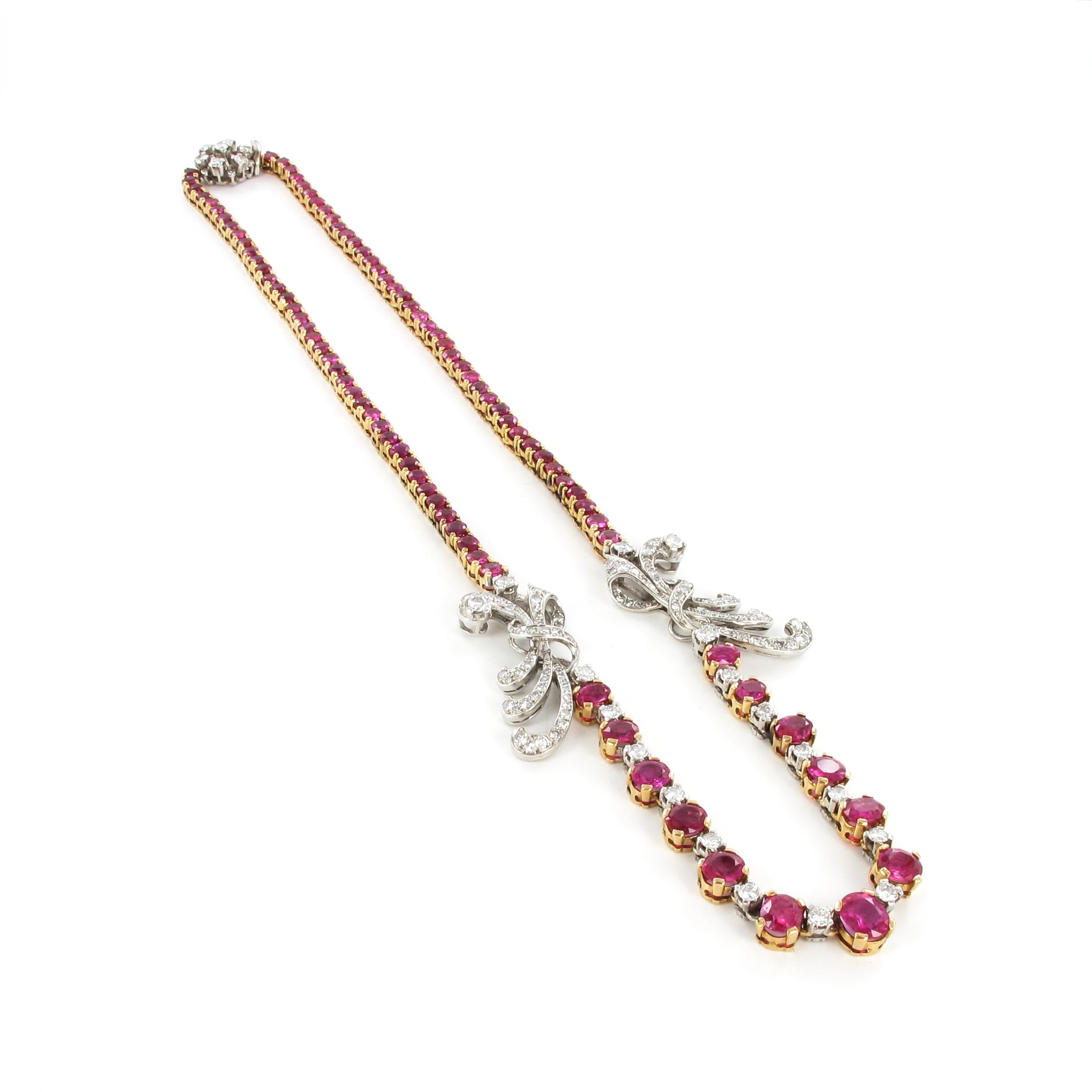 Wunderschöne burmesische Rubin- und Diamant-Halskette aus Platin und 18 Karat Gold (Ovalschliff) im Angebot
