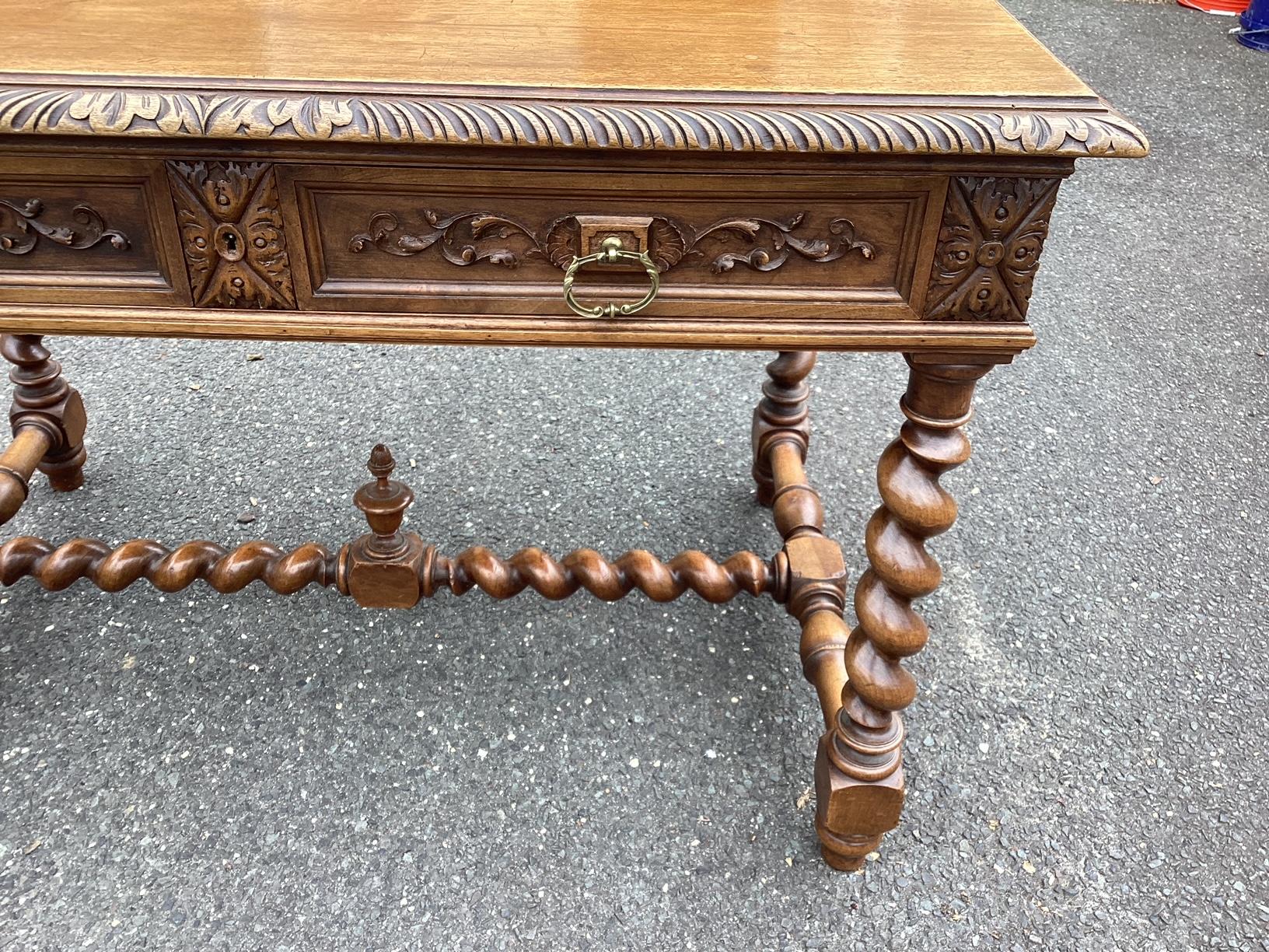 Gorgeous Carved 19th Century French Walnut Desk with Barley Twist Legs 7