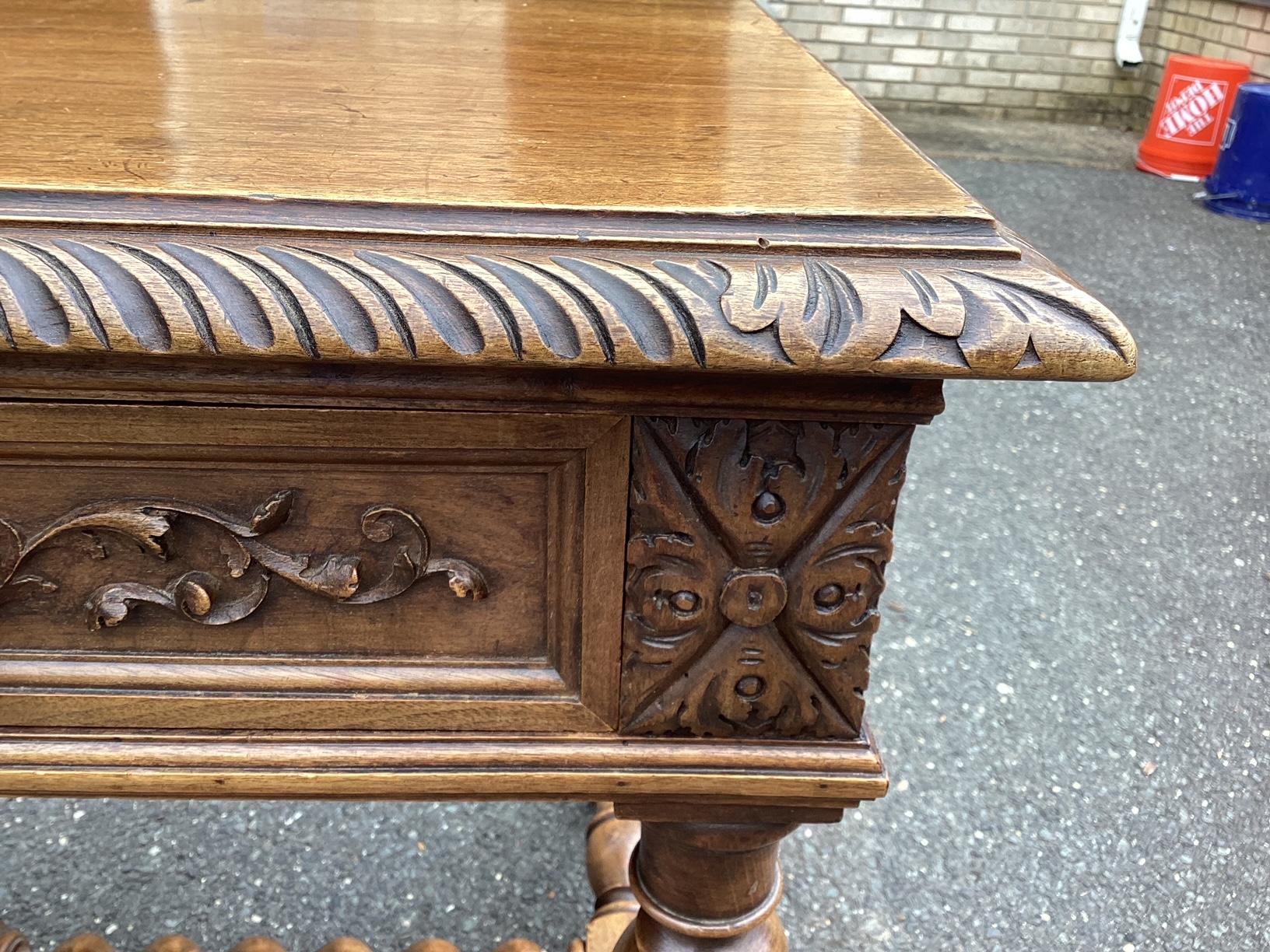 Gorgeous Carved 19th Century French Walnut Desk with Barley Twist Legs 2