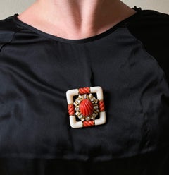 Gorgeous Carved Coral and Diamond Gold Large Brooch