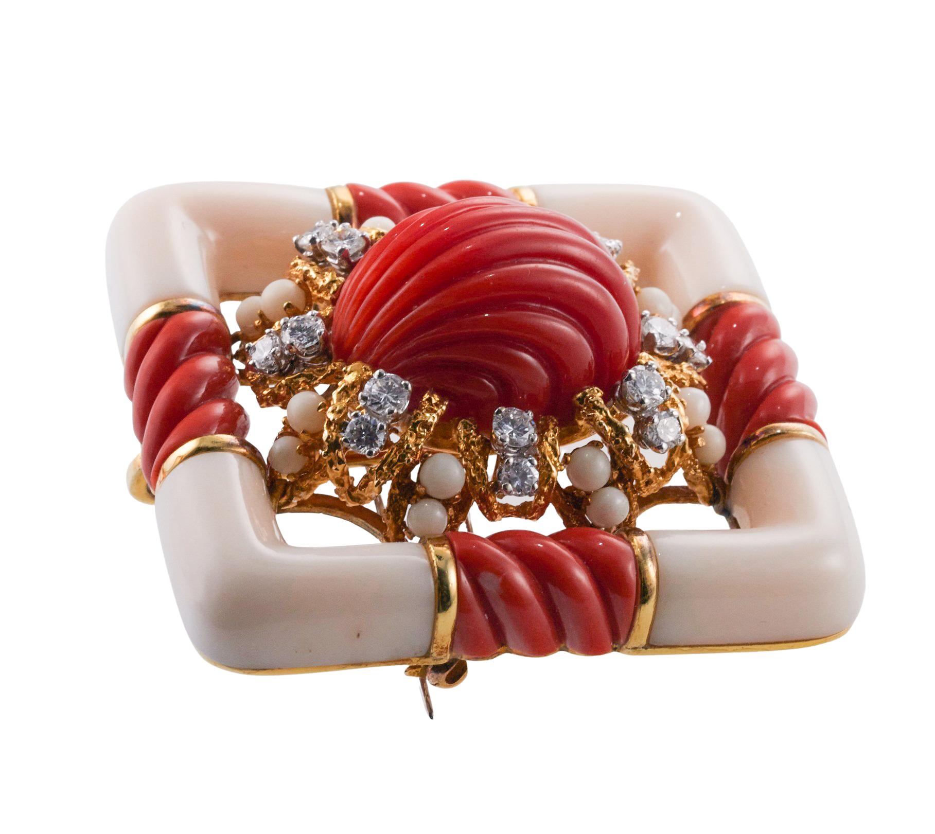Round Cut Gorgeous Carved Coral and Diamond Gold Large Brooch For Sale