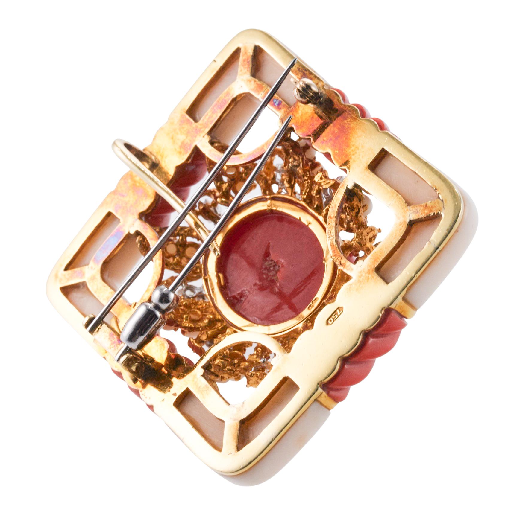 Gorgeous Carved Coral and Diamond Gold Large Brooch For Sale 1