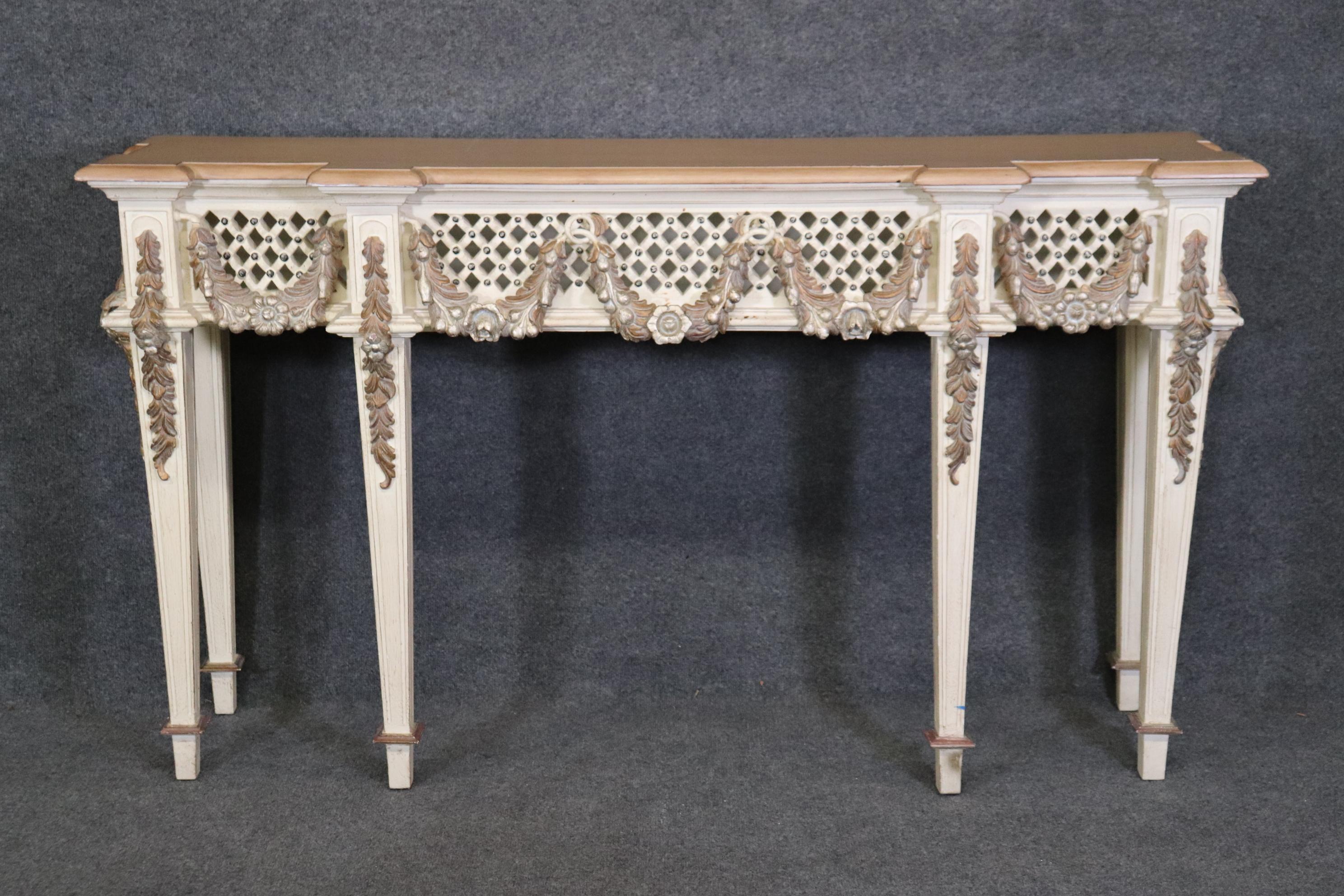 Gorgeous Carved French Louis XVI Style Faux marble Paint Decorated Console Table In Good Condition For Sale In Swedesboro, NJ