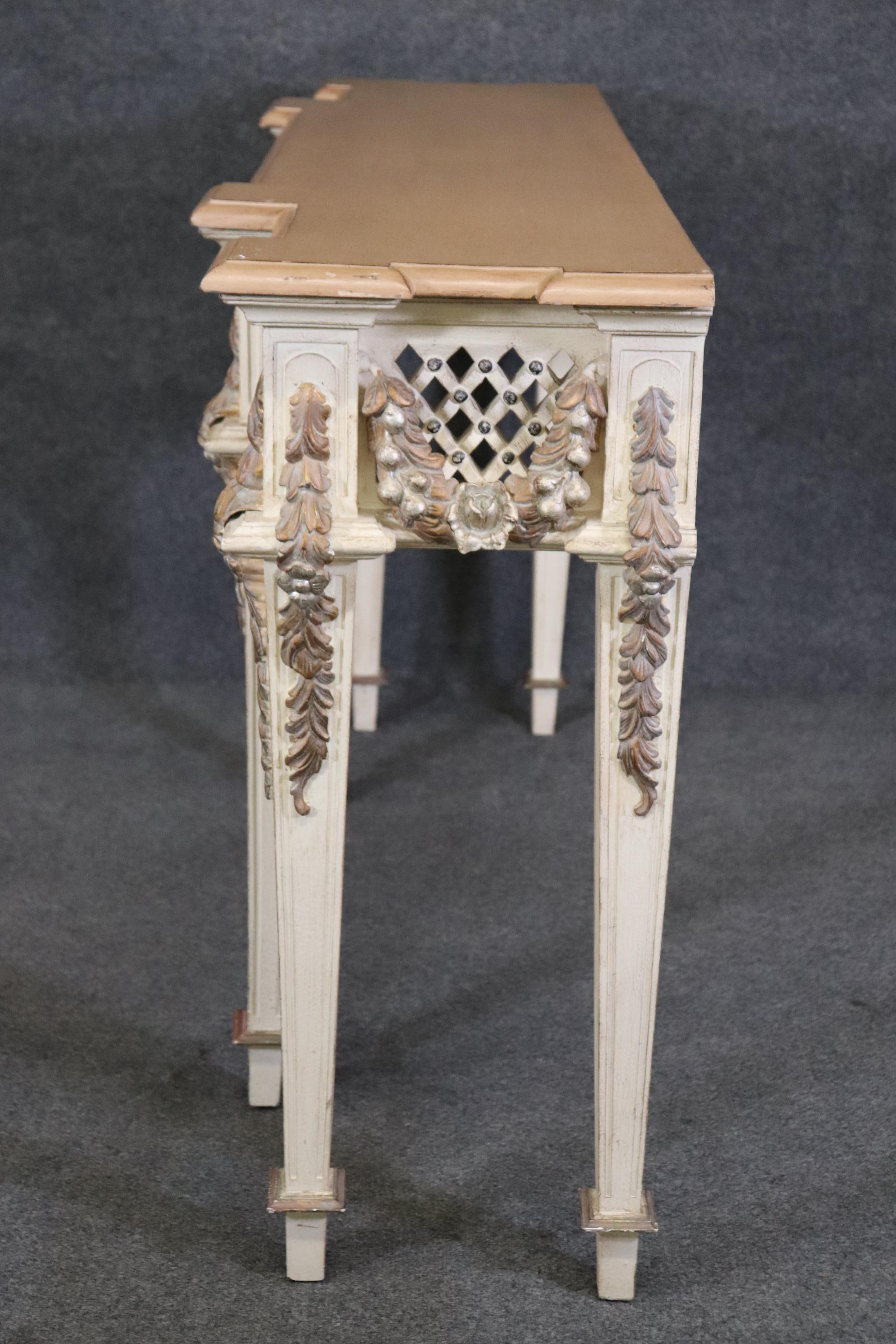 Mid-20th Century Gorgeous Carved French Louis XVI Style Faux marble Paint Decorated Console Table For Sale