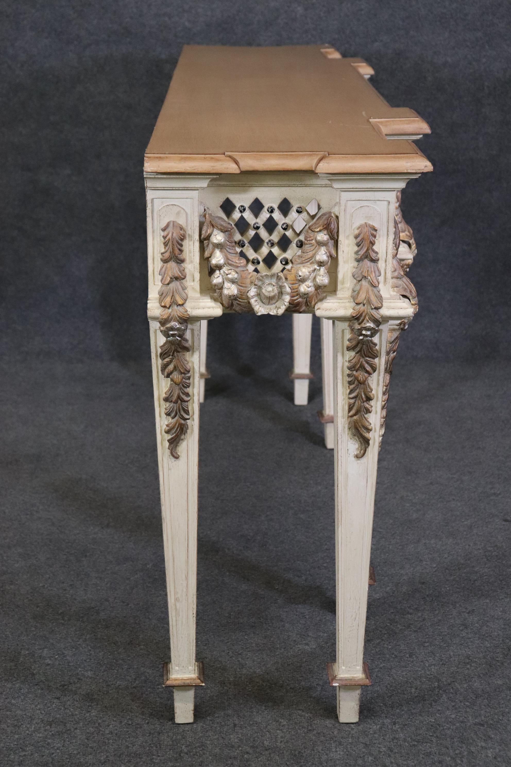 Gorgeous Carved French Louis XVI Style Faux marble Paint Decorated Console Table For Sale 1